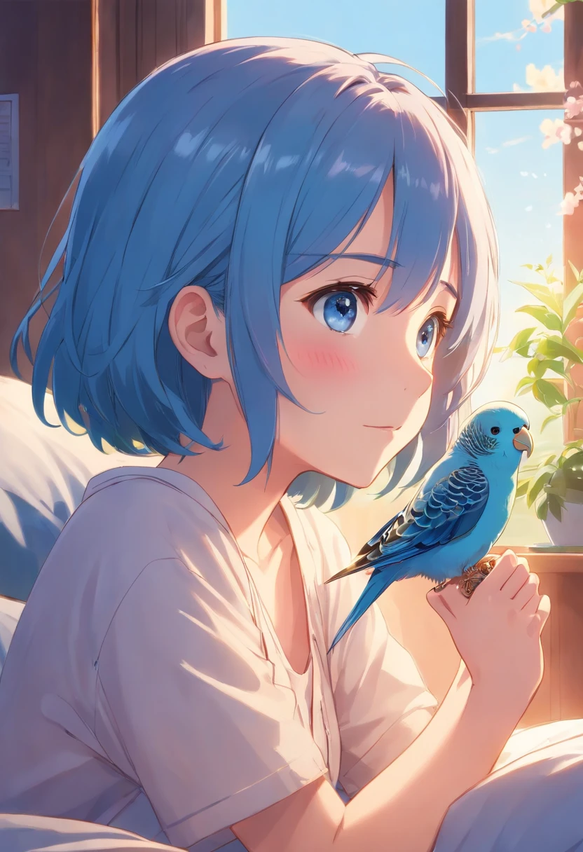 Best Quality,4K,8K,hight resolution,masutepiece:1.2),Ultra-detailed, in a house、Sleeping in bed、Where the morning sun shines in and wakes up、Gentle soft smile staring at budgies,Button pajamas fluttering only slightly、Budgerigars sing and wake up、With beautiful songs、Beautiful,Beautiful detailed eyes,Blue budgie,Soft blue eyes,Portraits,Subtle tones,Soft lighting