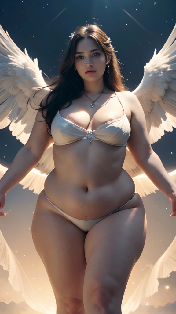 angelicales、The figure of an angel、Very fat woman、Very fat woman、Round face、Fat face、large boob、thick waist、Big belly、big butts、thick thight、thick arms、Plump body、、​masterpiece, top-quality,photos realistic, Detailed eyes and lips,Detailed iris,Realistically drawn skin,Limbs drawn in proper balance,Correctly drawn hands and fingers,I drew one thumb and four fingers in optimal proportions,number々Award-winning masterpieces of, with incredible detail, textures and maximum detail、hyper realstic、Realistic、Top quality real texture skins、fine perfectly symmetrical eyes、Beautiful face drawn in detail、Circle of angels of divine radiance overhead、Beautiful kind eyes、She has a blissful smile on her face、Beautiful colored eyes full of compassion、Majestic cloud mass glows in the sky background、Dramatic light、A majestic sight、Her expression is serene full of tenderness and very beautiful、Large wings with pure white feathers behind the shoulders、Glass earrings on the ears,dramatic photography、Golden hair、 short cut hair, ((Looking down)), Around her neck is a simple necklace of exquisite workmanship、Bright magic circle background、 Holy Light, Epic Realistic, Hyper Detailed, Orange background、 Intricate details、 Soft light background、Wings of Light Effect、spread your wings wide、blue eyess、Facing the front、 Small armor of 、Small armor in the crotch、Wearing a small white cloth、  are not visible、The crotch is not visible、