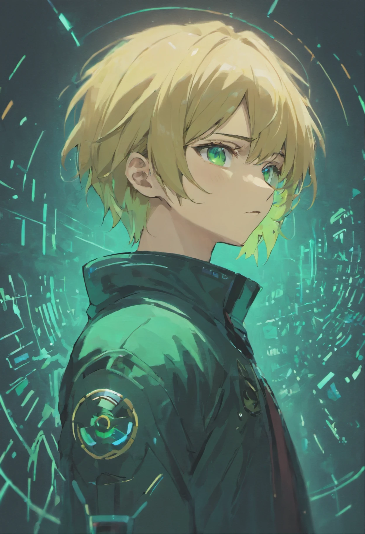 1guy, blonde hair, green eyes, cyberpunk gantz suit,