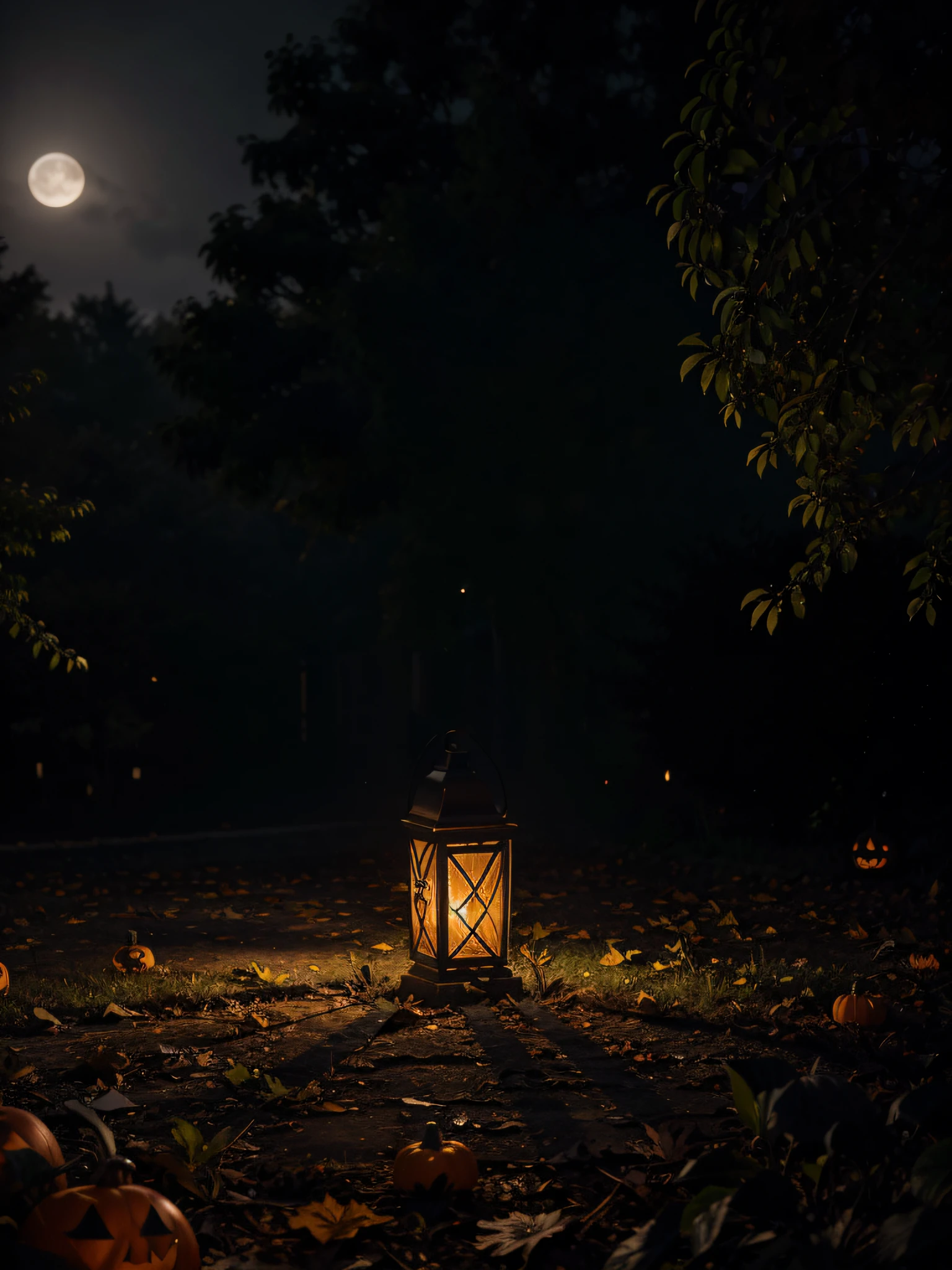um jardim de Halloween aterrorizante. The garden is full of fog, With scary trees and pumpkins lying around. The moon is shining brightly in the dark sky, casting a sinister glow on the scene. A glowing lantern The atmosphere is filled with a sense of terror and excitement. The artwork is created using a combination of illustration and digital rendering, resulting in a high-resolution, photorealistic masterpiece. The color tone is dark and mysterious, com tons profundos de roxo e laranja. Lighting is dramatic, com sombras criando um efeito assombroso.