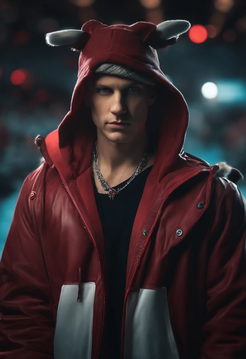EMINEM,black hair, hair bobbles, wince, longeyelashes, solid circle eyes, fake animal ears, light smile, ear blush, fang, Surrealism, drop shadow, anaglyph, stereogram, tachi-e, pov, atmospheric perspective, 8k, super detail, ccurate, best quality