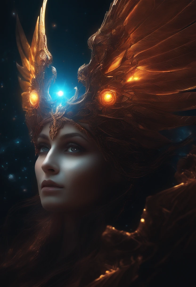 Fallen Angels of the Universe, glowing light eyes, biomechanical, eery, creepy, nightmarish, Very bright colors, light Particle, with light glowing, Mushiv, Wallpaper Art, UHD Wallpapers