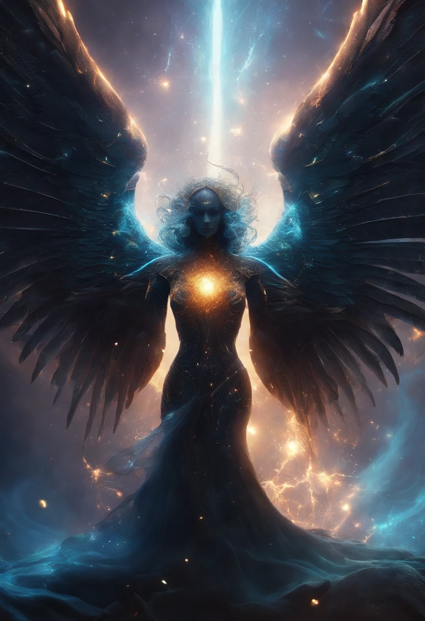 Fallen Angels of the Universe, glowing light eyes, biomechanical, eery, creepy, nightmarish, Very bright colors, light Particle, with light glowing, Mushiv, Wallpaper Art, UHD Wallpapers