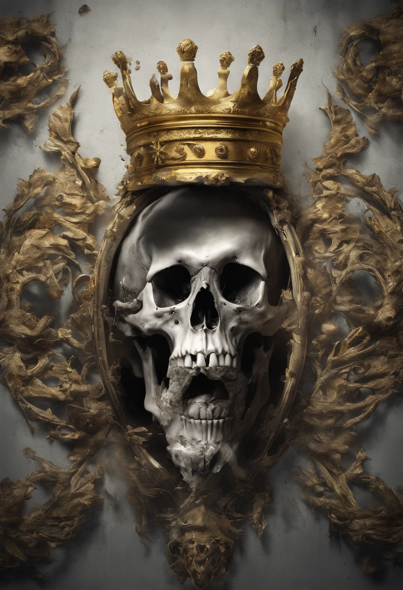 Skull facing forward with a golden crown on its head and with the bottom jaw crumbling