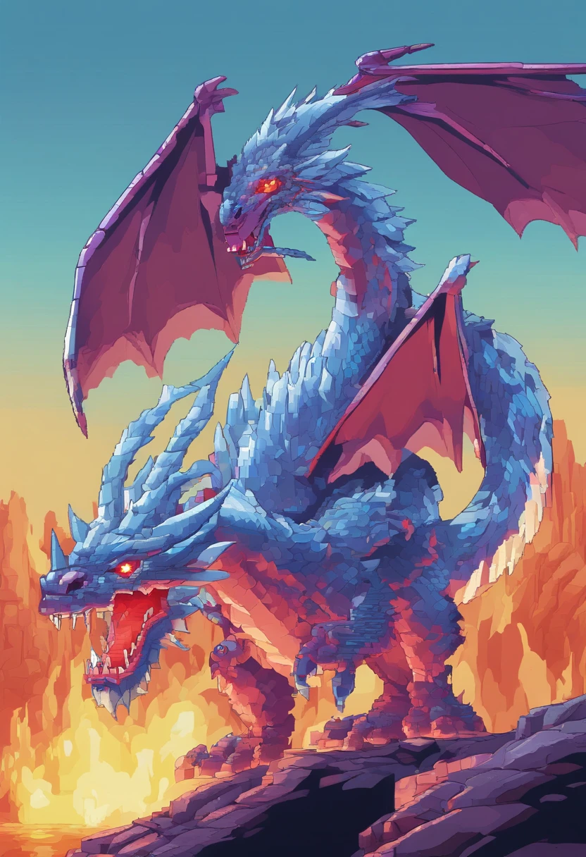 Best Quality,4K,8K,hight resolution,masutepiece:1.2),Ultra-detailed、A two-headed dragon with both ice and fire powers、One head spewed out ice.、The other head blows out fire、stunt: Breath of ice、stunt: Fire Breath