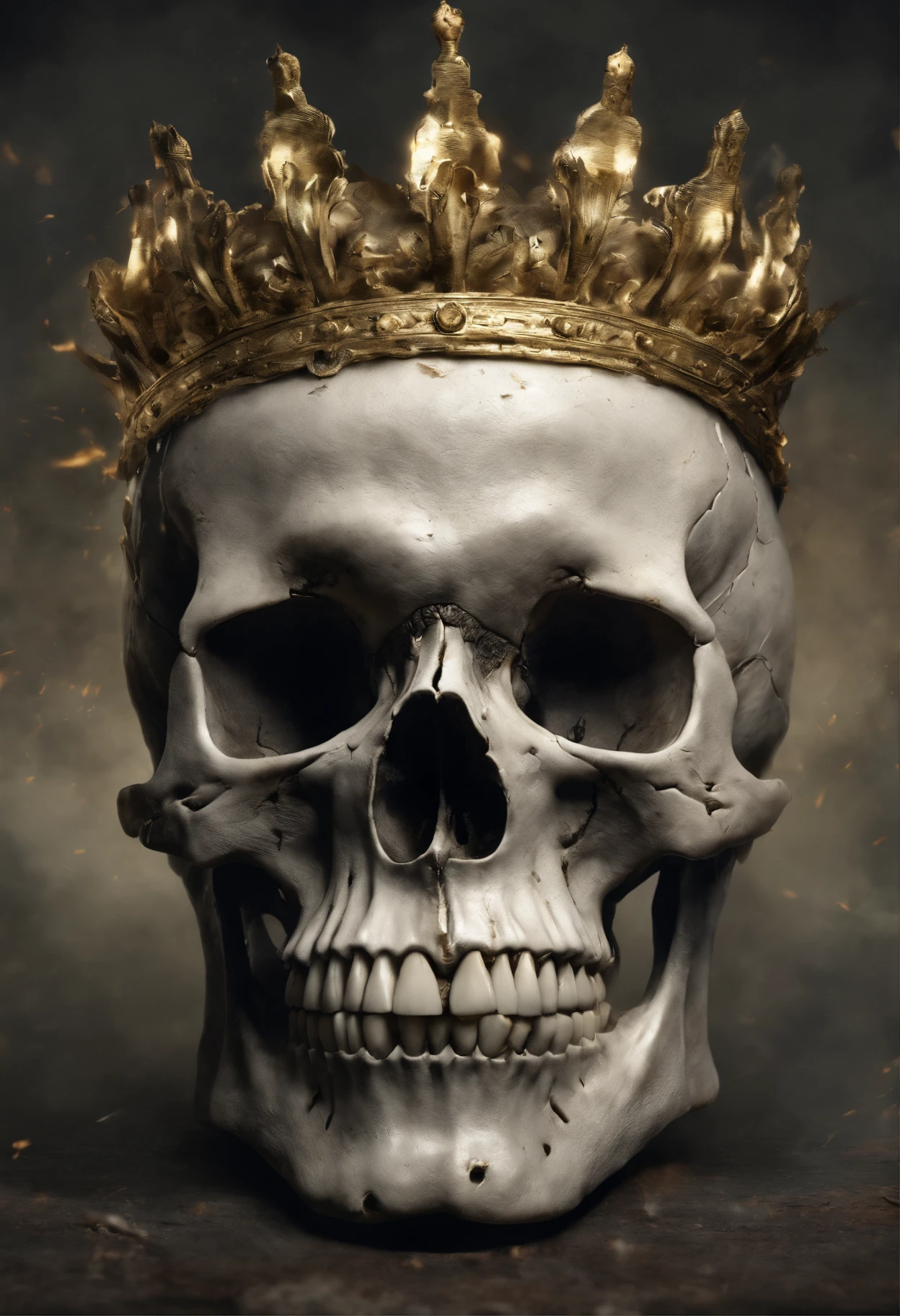 Masterpiece painting of a skull of a killed king, laying on the floor :: detailed regal crown, marble floor, detailed blood, :: amazing accent lighting :: mysterious, dark, highly detailed, intricate and vibrant line work :: + Trending on Artstation :: Incredible gothic illustration + Exquisite detail