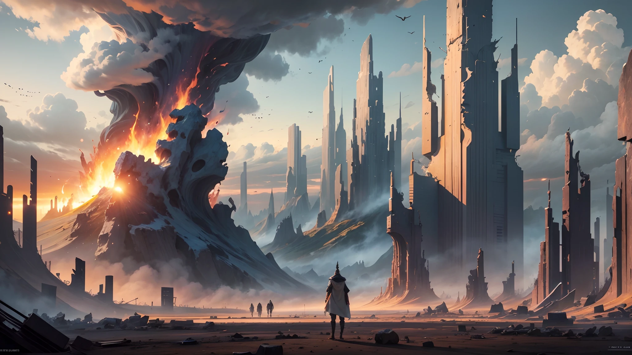 Cinematic scene, demoniac gods in the sky looking a huge landscape of barren land, destruction, no text --auto --s2
