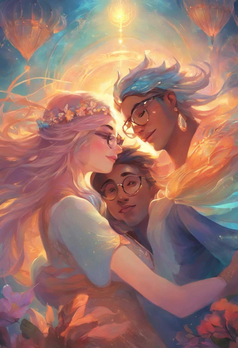 (a scene, friends hugging warmly, all wearing glasses, expressing happiness),illustration,extra details,colorful,soft lighting.