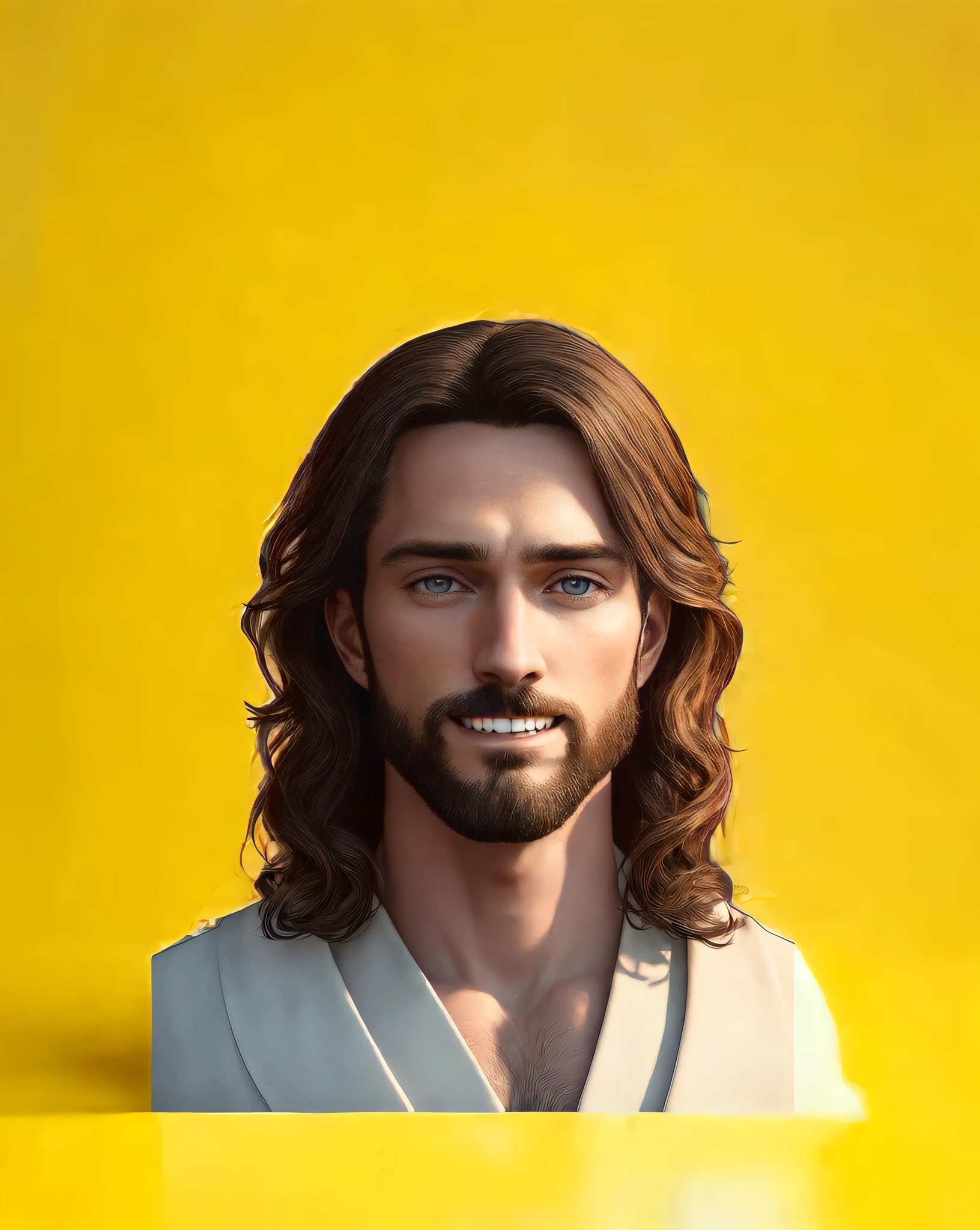 Jesus Christ has a shy, compassionate smile, Her teeth don't show much and her mouth is ajar