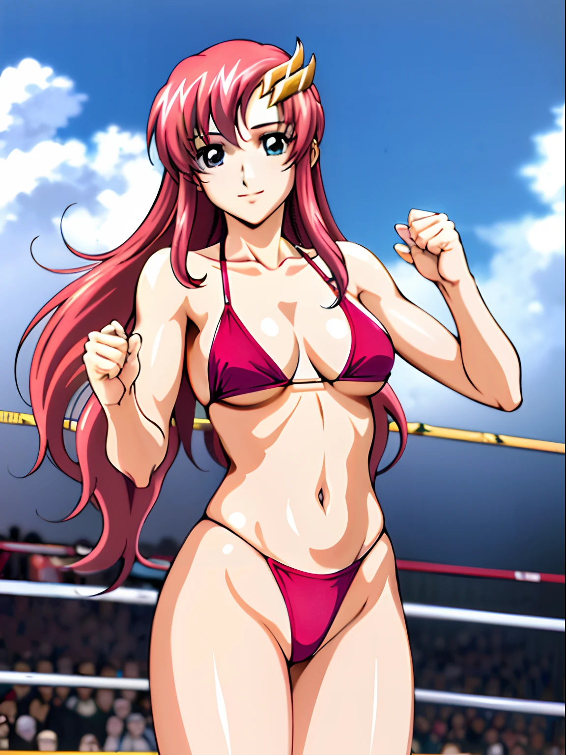 (masterpiece, far view, 4K, Best Quality, Anime style: 1.9,, Adult Woman, ultra detailed face, (cloud background, wrestling), Drawing lines, high resolution, Anime, lacus4), 1girl, Solo, curvy figure, Long hair, 鎖骨, scapular, (Detailed wide hair bangs, Hair Ornament, Detailed reddish-pink hair, golden crest), cleavage, large hands, (female wrestler). (Big blue eyes, shiny eyes), ((female wrestler, little biceps, slender body, broad shoulders, closed fists)), ((perfect proportions, medium breasts, long belly)), (((micro bikini, pink wrestling gear, champion))), happy, smile, , (belly dancing, looking at the viewer), , showing off underarm, (elegant lady), microphone,