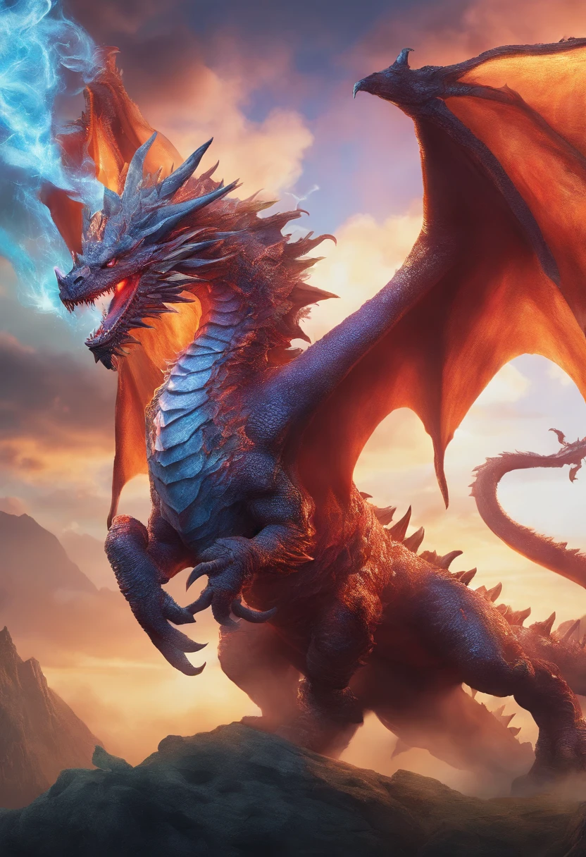Best Quality,4K,8K,hight resolution,masutepiece:1.2),Ultra-detailed、A two-headed dragon with both ice and fire powers、One head spewed out ice.、The other head blows out fire、stunt: Breath of ice、stunt: Fire Breath