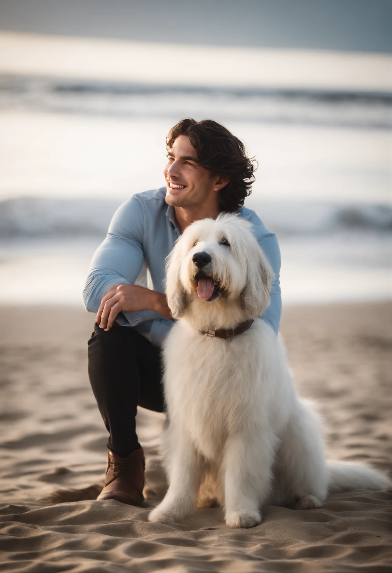 Fit 20 year old man on a beach. the man has wavy black hair and blue eyes. the man is smiling and has dimples on his cheeks. the man is wearing a white blouse and black pants and brown boots. the man is accompanied by an old english sheepdog.