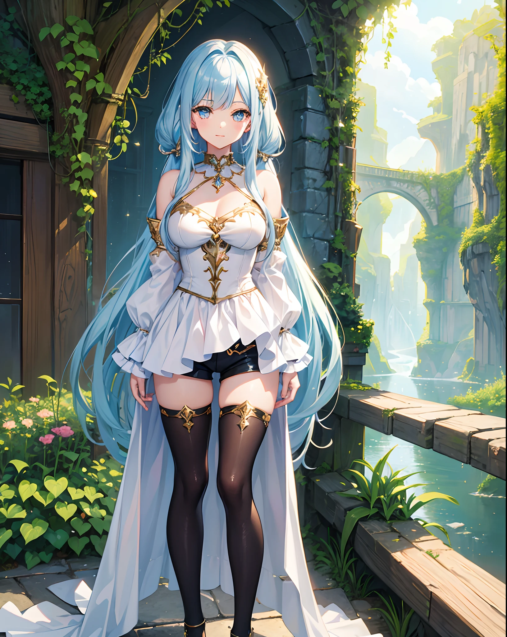 digital art, soft and fantasy style, an anime girl, pretty face, pretty hair, fantasy hair, Diamond colored hair, shining eyes, happy and bright, not NSFW, wearing fantasy glittery tops and shorts, wearing fantasy glittery jewels, omit ugly hands, standing, in a fantasy landscape, good lighting, super cozy atmospheres