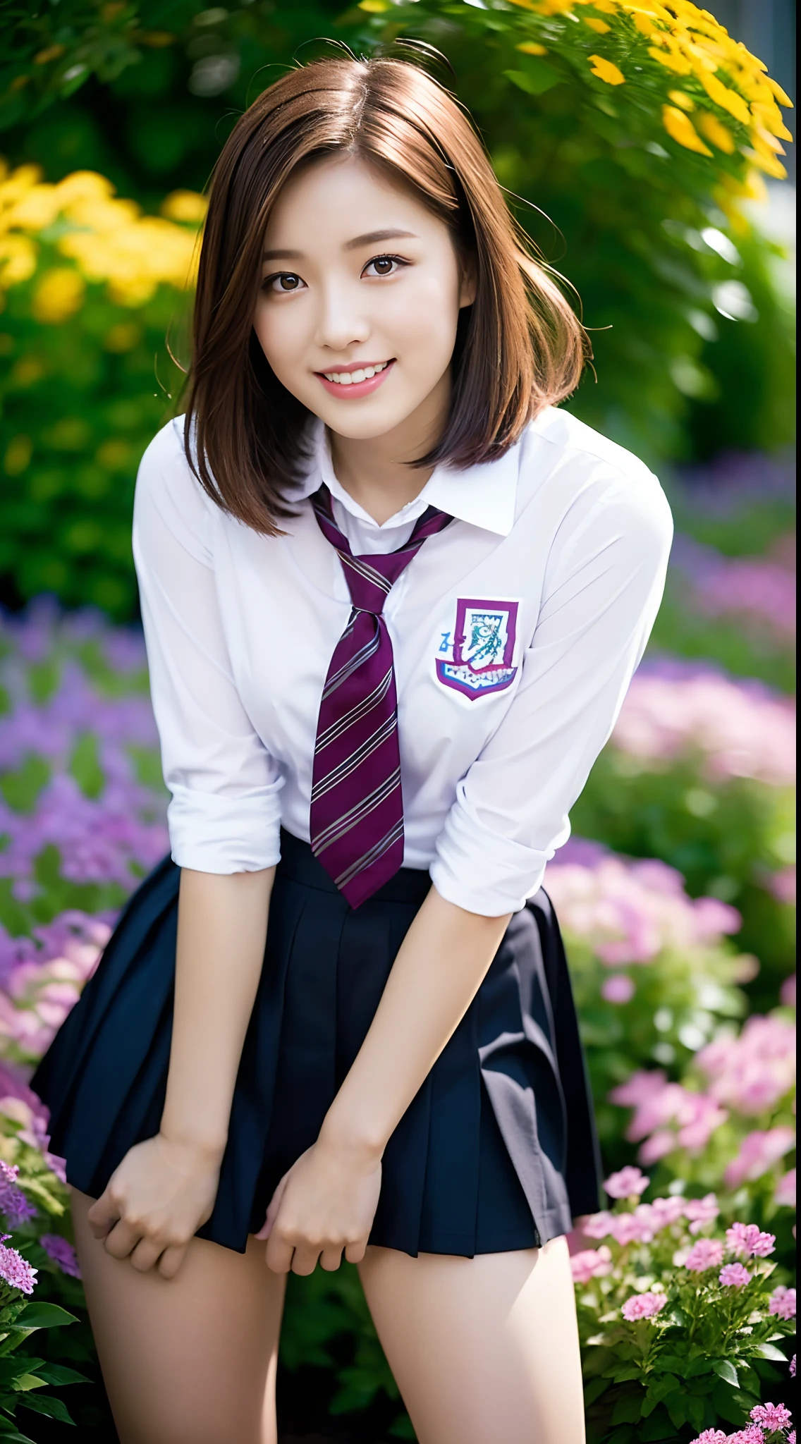 (((full bodyesbian)))、((Girls' High School Uniforms))、((1a person))、short-hair、Close to the subject、((a miniskirt))、(((School flower beds)))、(((ssmile)))、(((Girls' High School)))、((a beauty girl))、((sexy pose))、Photorealsitic、Beautiful detailed eyes、Hyper-Realism、highcontrast、Ultra HD、realistic skin textures、Top image quality、top-quality、超A high resolution、Fine details、Very meticulously