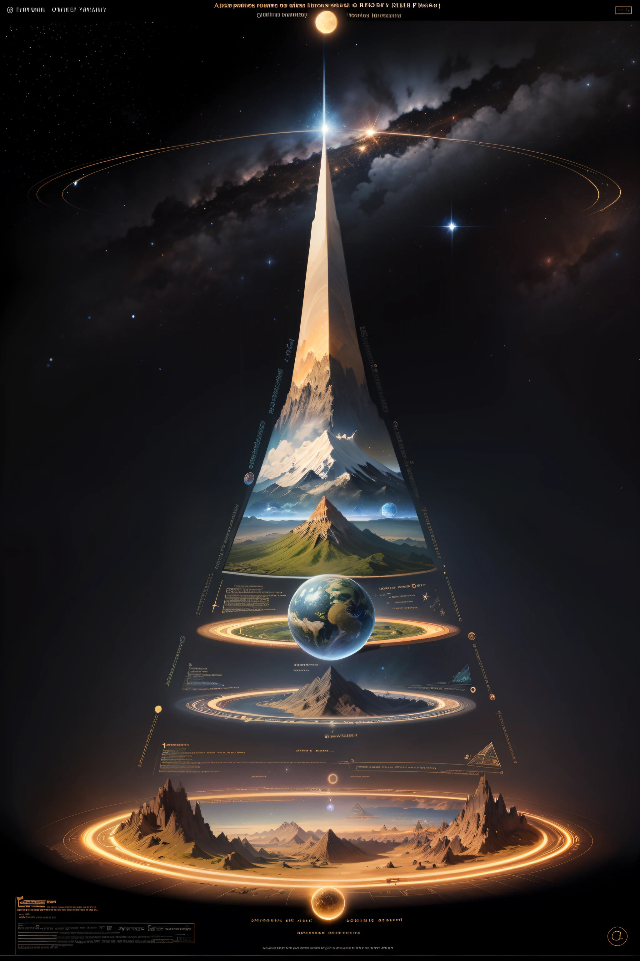 Mount Meru,Hierarchical diagram of multi-layered universes,Detailed chart annotations,Triangle boundary,The dividing line of mysticism,Mountain and planetary hierarchy,Surrounded by stars,Star chart,Very much detail is rich,Complex display charts,Alchemy Universe,Astronomy Teaching Diagram,
