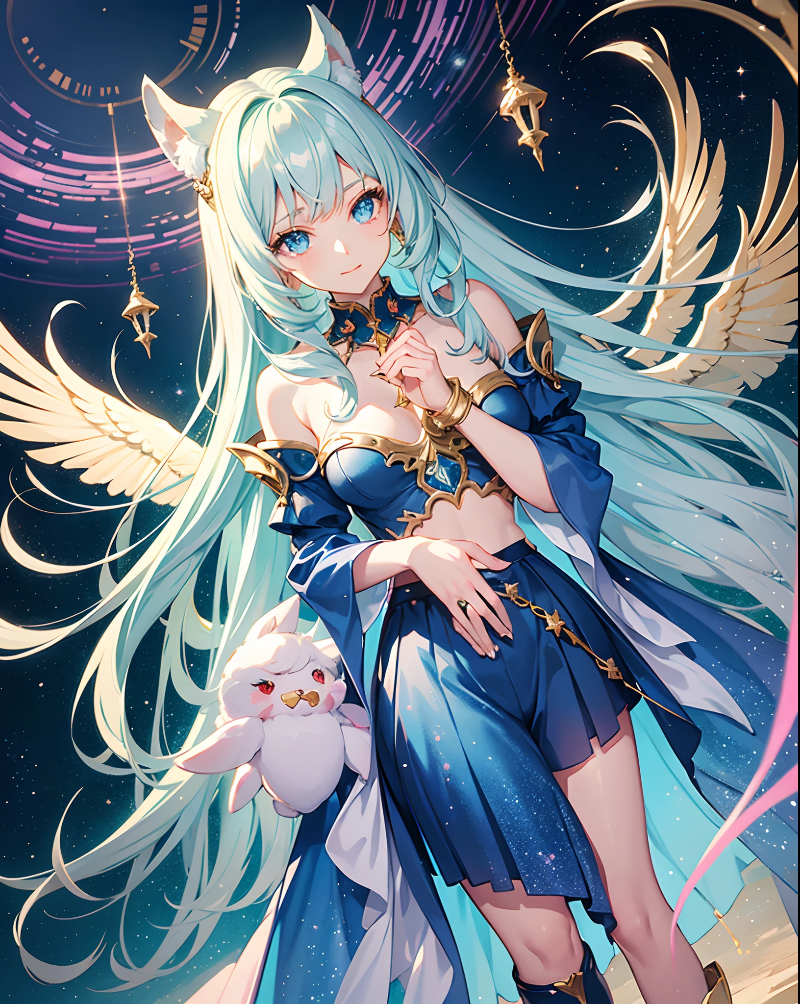 digital art, soft and fantasy style, an anime girl, pretty face, pretty hair, fantasy hair, Diamond colored hair, shining eyes, happy and bright, not NSFW, wearing fantasy glittery tops and shorts, wearing fantasy glittery jewels, omit ugly hands, standing, in a fantasy landscape, good lighting, super cozy atmospheres