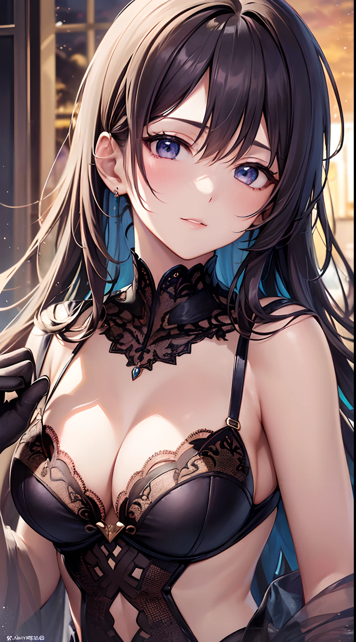 ((Finest quality)),(超A high resolution),(ultra-detailliert),(Meticulous portrayal),((Best Anime)),The best art.,sharpnes,Clair,natural soft light:1.3,at the sunset (adult  woman),(Detailed and detailed beautiful colored dresses,Meticulously designed lace,off shoulders),Evening Gloves