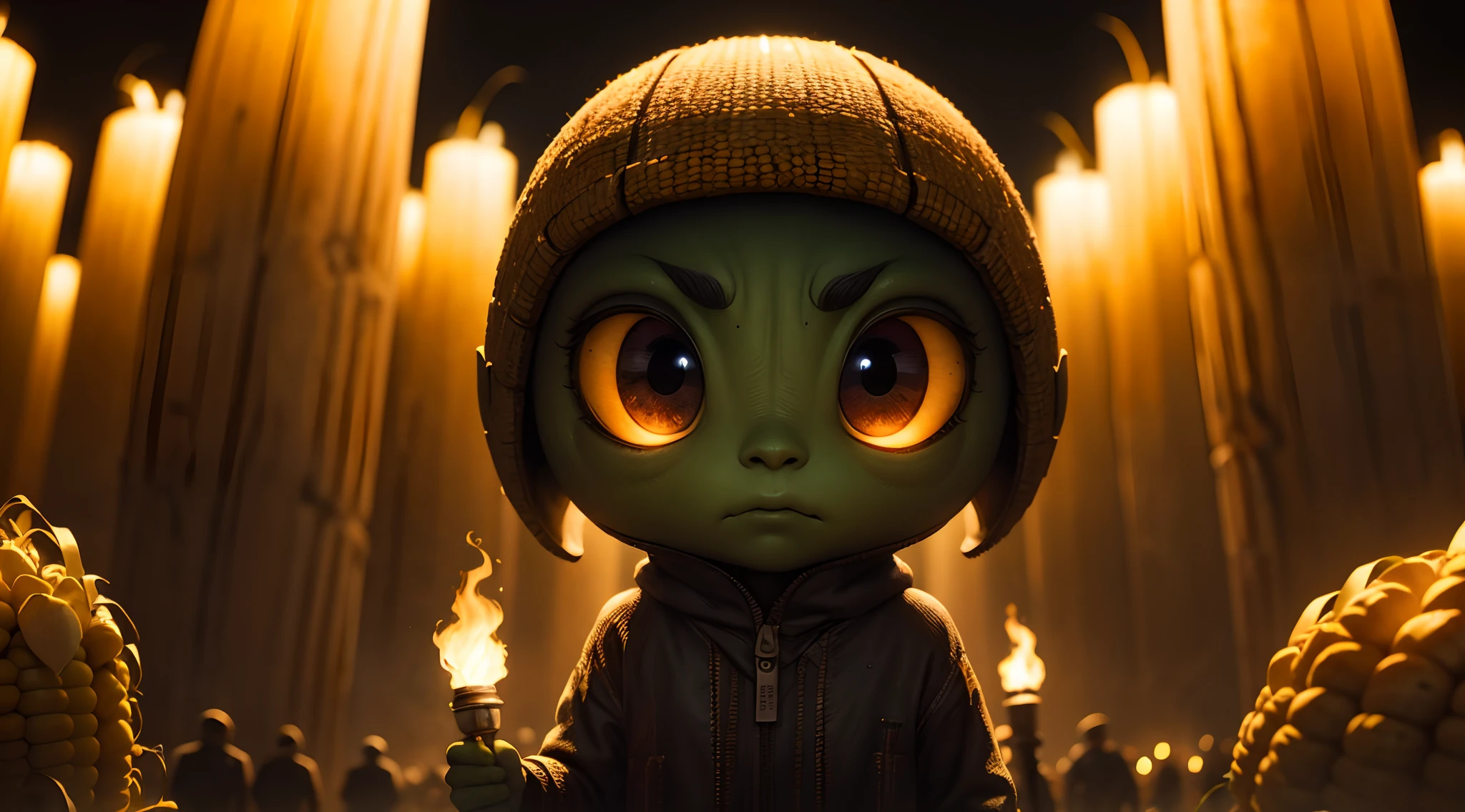 An alien with big eyes running among farmers with torches in hand, in the background a corn farm on a dark night,35mm lens, photography, ultra details, HDR, UHD,8