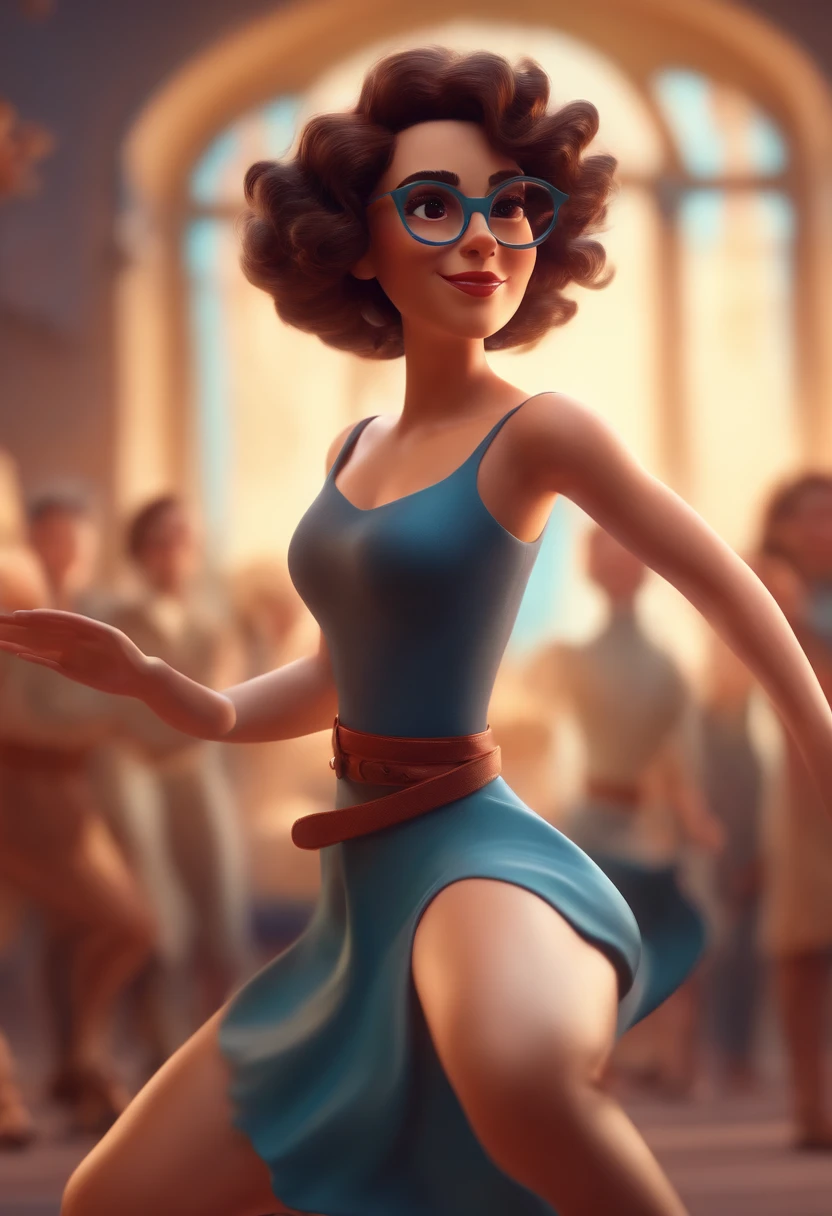 Pixar style image with 3D character white glasses brunette woman short curly hair dancing