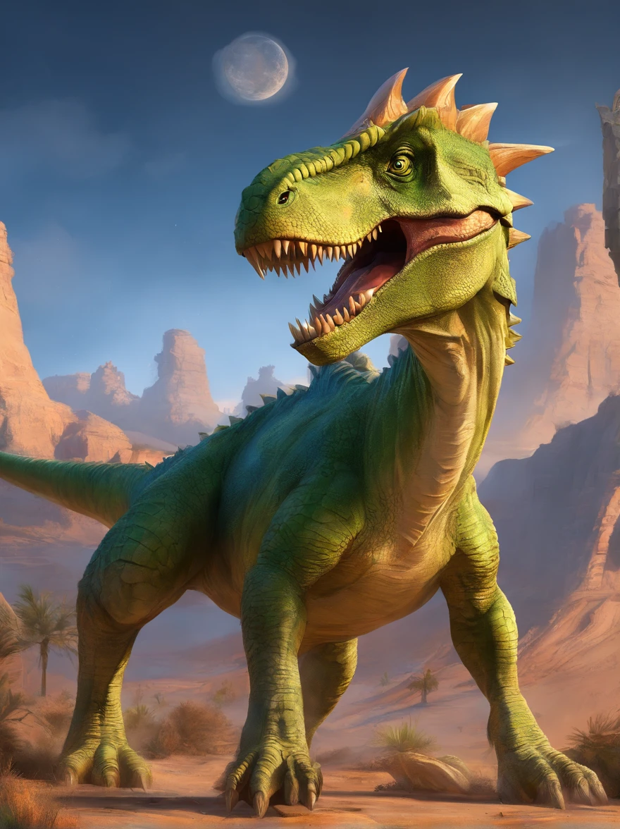 Imagine a ferocious green tyrant rex dinosaur in a desert environment, with gaping jaws and sharp fangs, a relentless sun shimmering in the sky, heat reflecting off the dinosaur's scaly skin, Realistic photography, 24mm wide angle lens, --ar 16 :9 --v 5, cool, wearing sunglasses, awesome