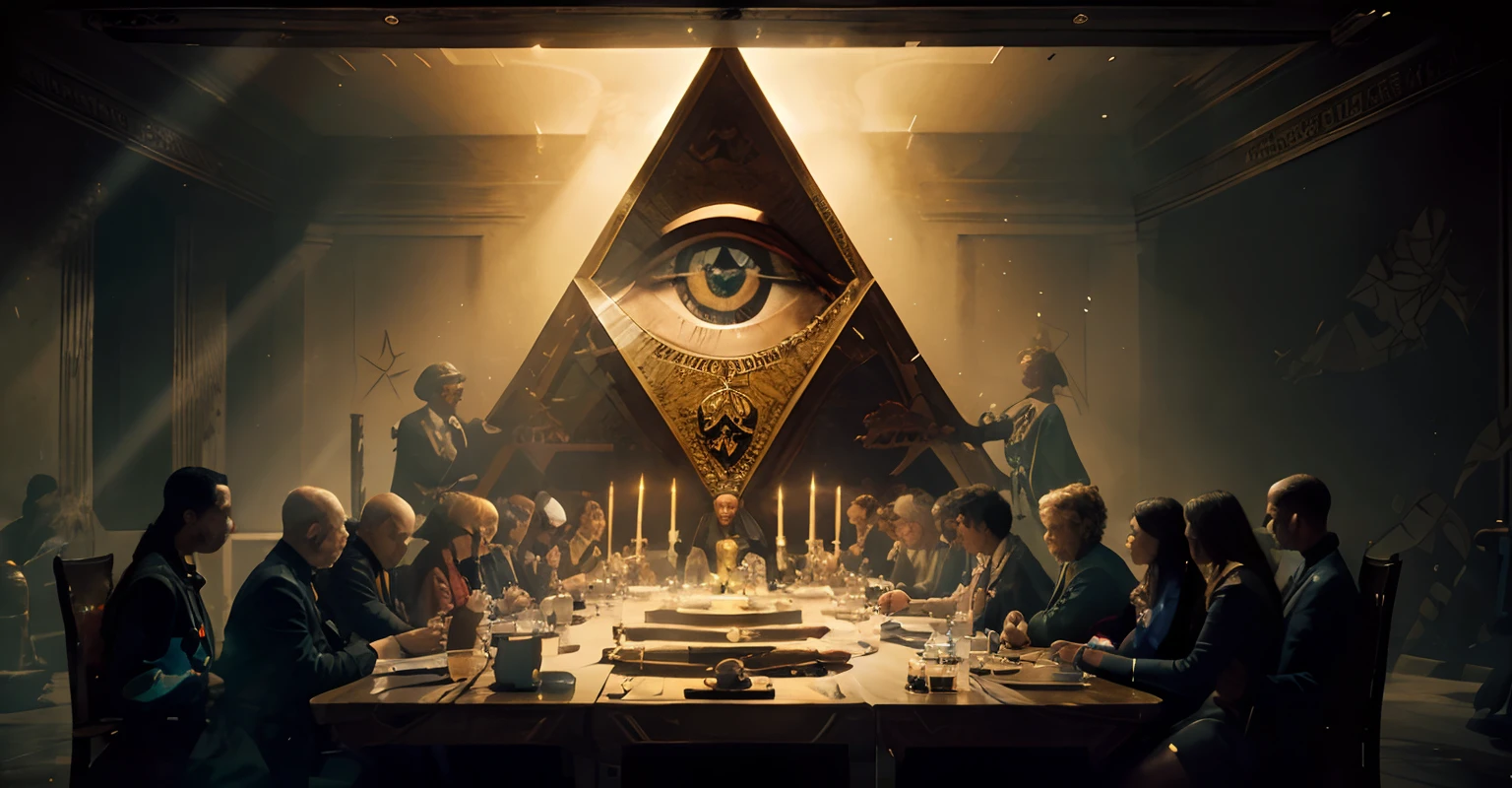 a group of people sitting around a table, digital art, by Cedric Seaut (Keos Masons), sots art, illuminati eye, cinematic poster, court room, panel of black