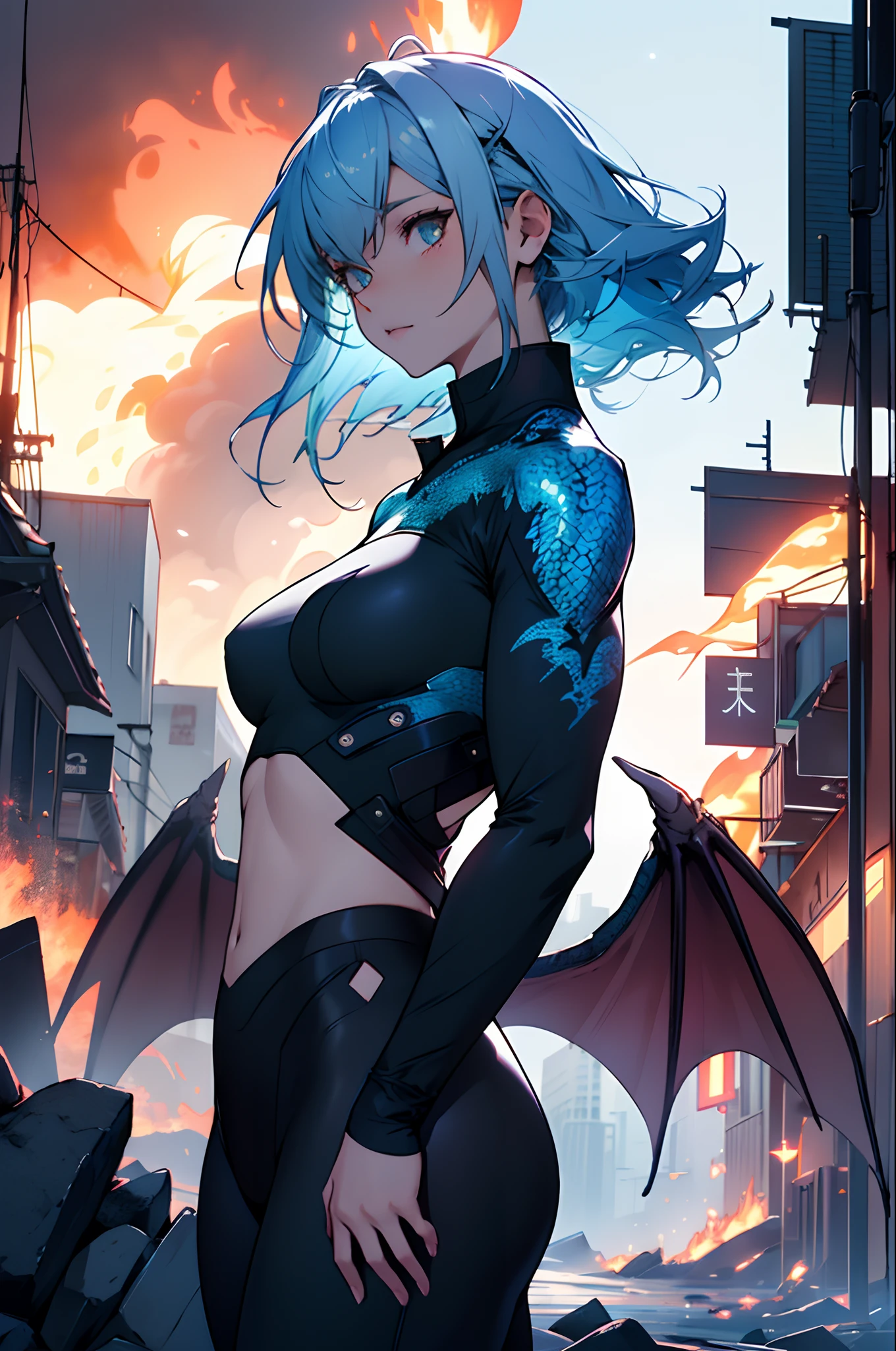 Land of Dragons　large wings　Pale light blue hair　One girl　Flying in the night sky　Scales slightly visible from the hair　Facing the front　A city on fire in the background　Perfect female body