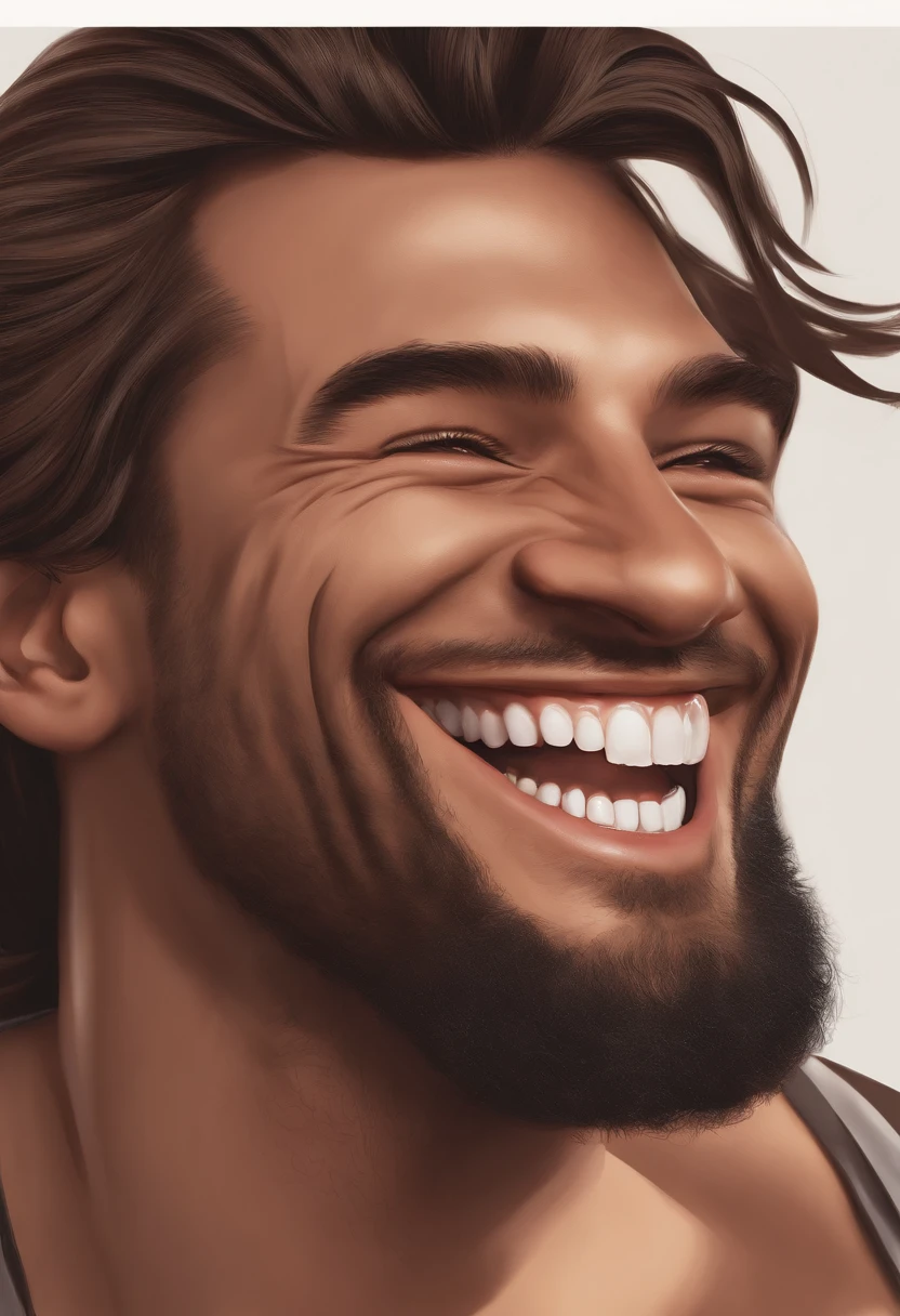 Smiling Man Illustration, sorriso insano, Homem de pele marrom com um sorriso gigante, sem barba, cara de parvo happily smiling at the camera, sorriso atrevido e parvo, he's smiling, sorriso muito grande, Macho sorridente, foto de perfil headshot, rindo sorriso enorme, desenhando no estilo de Arte 3D, c4d, fundo de cor branco puro, estilo disney, Super Detalhe, 8k