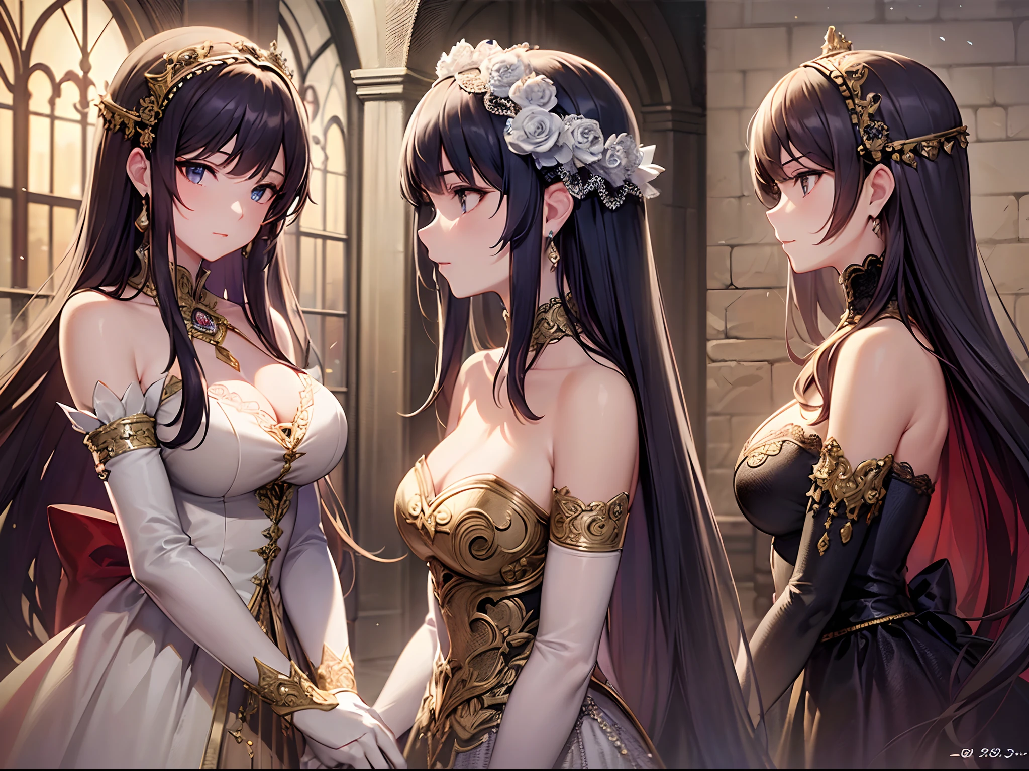 ((Finest quality)),(超A high resolution),(ultra-detailliert),(Meticulous portrayal),((Best Anime)),The best art.,sharpnes,Clair,natural soft light:1.3,at the sunset,medieval times, (adult woman),(Detailed and detailed beautiful color dresses,Meticulously designed lace,off shoulders),Evening Gloves,hair adornments
