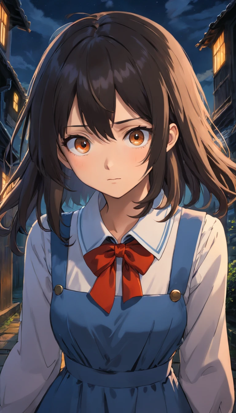 (hyper-realistic), (illustration), (high resolution), (8K), (extremely detailed), (best illustration), Yoru ( Chainsaw Man ), (beautiful detailed eyes), (best quality), (ultra-detailed), (masterpiece), (wallpaper), (detailed face), solo, upper body, focus on face, 1 girl, long black hair, Korean, thin eyeshadow, well-detailed eyes, brown eyes, small moles under the eyes, long sleeve shirt, neck bow,  small breasts, pinafore dress, dynamic pose, low lighting, night, dark, clouds, dark night
