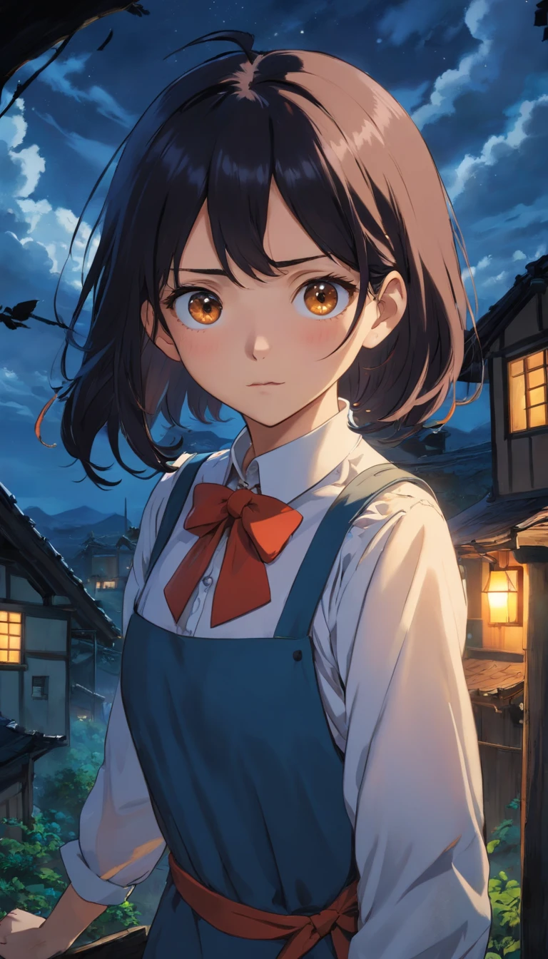 (hyper-realistic), (illustration), (high resolution), (8K), (extremely detailed), (best illustration), Yoru ( Chainsaw Man ), (beautiful detailed eyes), (best quality), (ultra-detailed), (masterpiece), (wallpaper), (detailed face), solo, upper body, focus on face, 1 girl, long black hair, Korean, thin eyeshadow, well-detailed eyes, brown eyes, small moles under the eyes, long sleeve shirt, neck bow,  small breasts, pinafore dress, dynamic pose, low lighting, night, dark, clouds, dark night