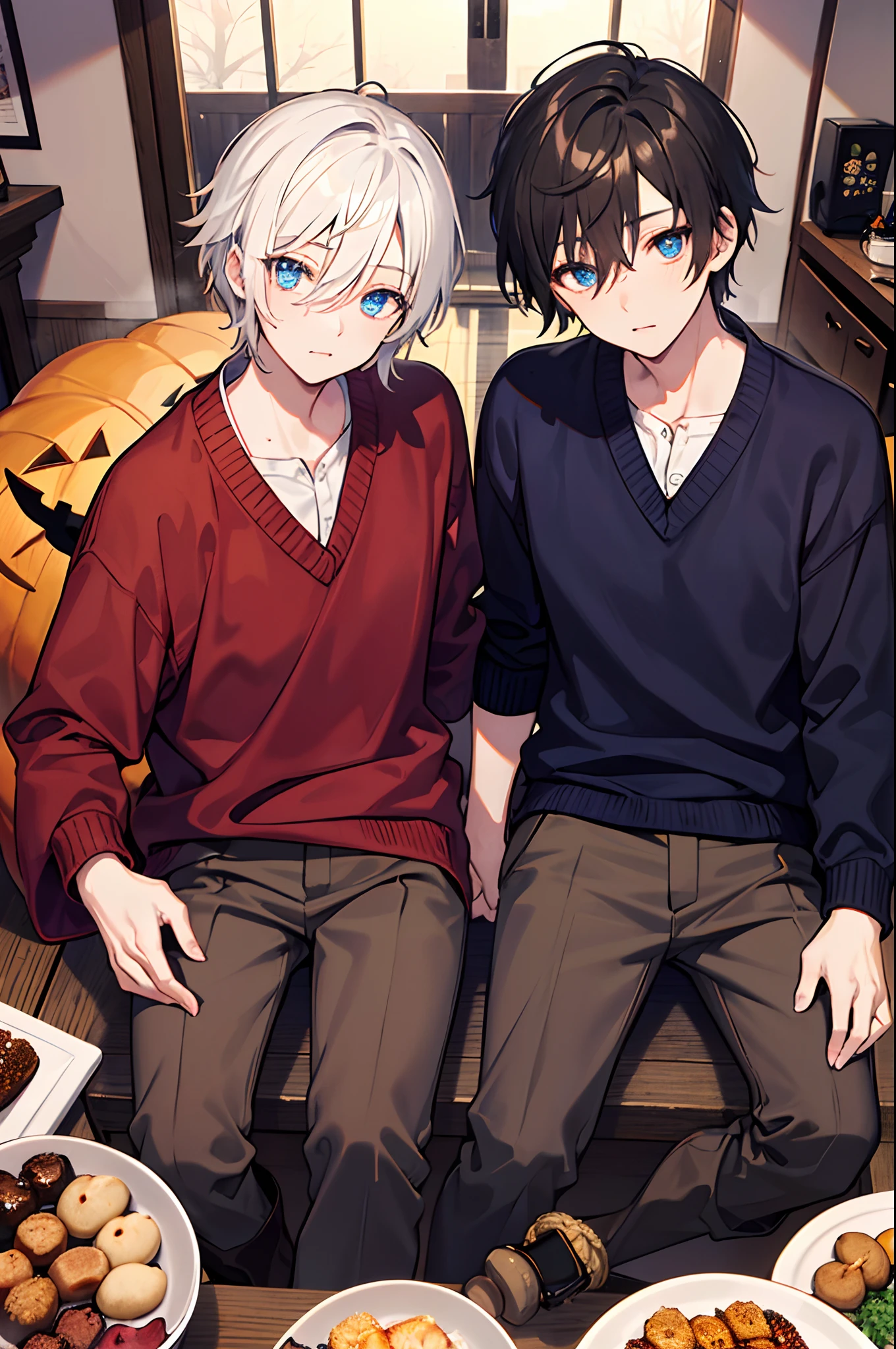 male people Dark blue short hair blue eyess Sweaters Brown Slacks long boots Japanese houses In the room、Eat oden Halloween the bats masterpiece Top image quality Clear Parts Cinematic Shadows Increased attractiveness of the eyes Clear the shine of the eyes Draw eyelashes neatly Perfect Eye A detailed eye Sharpen image quality Sharpen eye writing Clear eye shape
