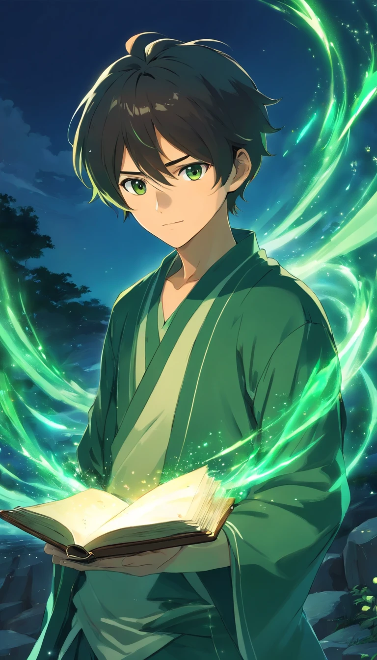 um personagem masculino de cabelos loiros, pele morena, sobre tudo preto e olhos verdes, Stumbling upon an ancient grimoire