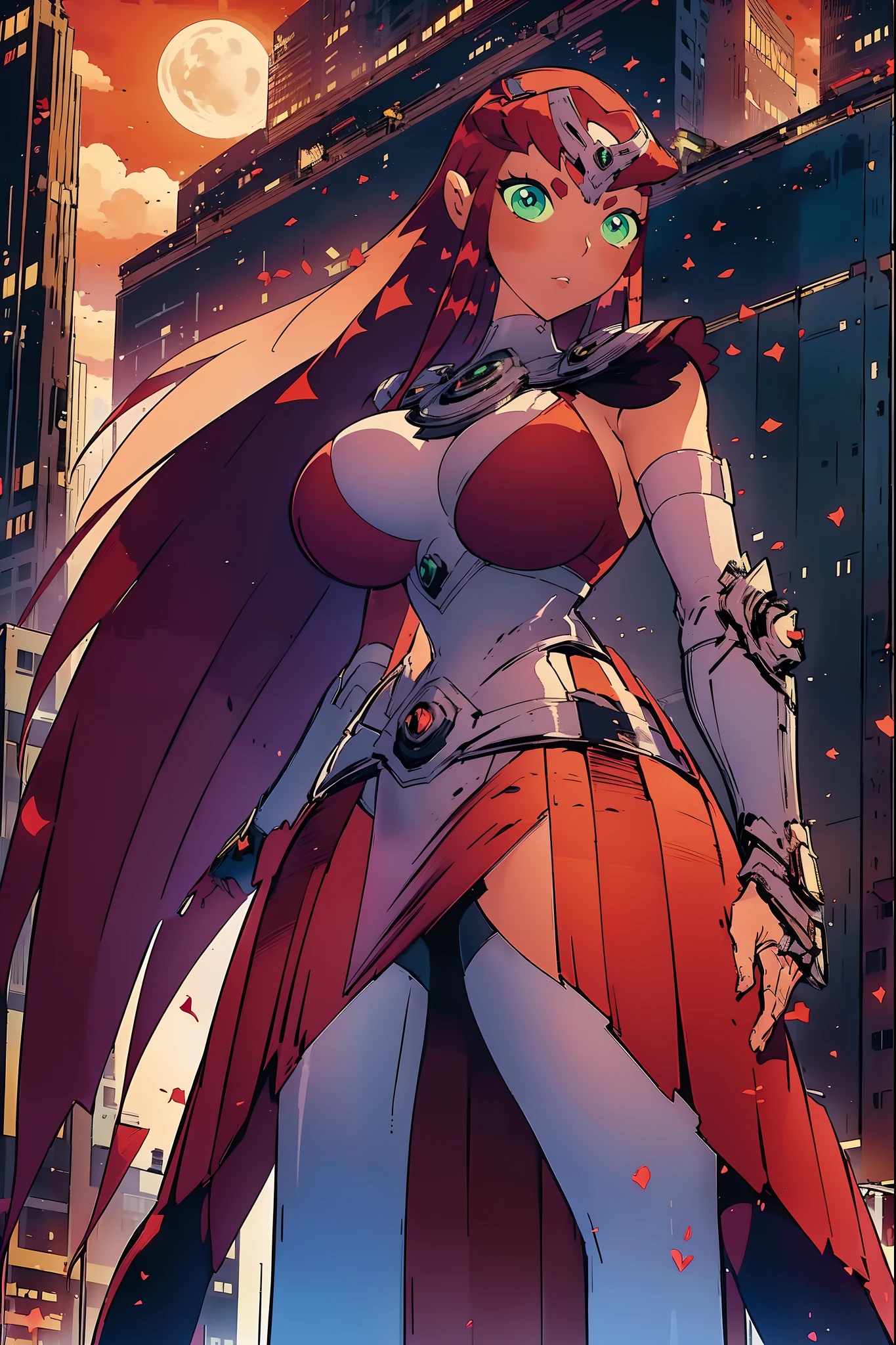 (medium:comic book style, vibrant colors), (best quality,highres:1.2), ultra-detailed, (1.37)
A muscled girl, with a tall and imposing presence, stands before you. Her long flowing hair, alive with movement, cascades down her back. With every stride, her body suit snugly hugs her curves, emphasizing her powerful physique. She exudes an air of confidence and strength.

Her eyes, a captivating shade of emerald green, sparkle with determination and intensity. Her defined cheekbones and perfectly sculpted jawline highlight her beauty. Her plump, luscious lips add a touch of sensuality to her face.

Dressed in a vibrant red leotard, she emanates power and energy. Metallic sentai armor pieces adorn her body, adding a futuristic and heroic touch. The armor, intricately designed, protects and enhances her already formidable strength.

Embodying the fierce and fearless spirit of Starfire, she radiates an aura of passion and determination. Her red hair, fiery like her personality, billows around her as if lifted by an invisible wind. It frames her face, adding to her allure.

In the background, a cityscape with tall, futuristic buildings sets the stage for her heroic exploits. The skyline is illuminated by neon lights, casting a vibrant glow on the scene. The dynamic lighting highlights her strong and muscular silhouette, creating a striking contrast against the night sky.

This masterpiece of a musclegirl embodies strength, beauty, and heroism. The vivid colors and comic book style bring her to life, capturing the essence of her character. With its high-res details and realistic portrayal, this artwork truly showcases her power and allure.