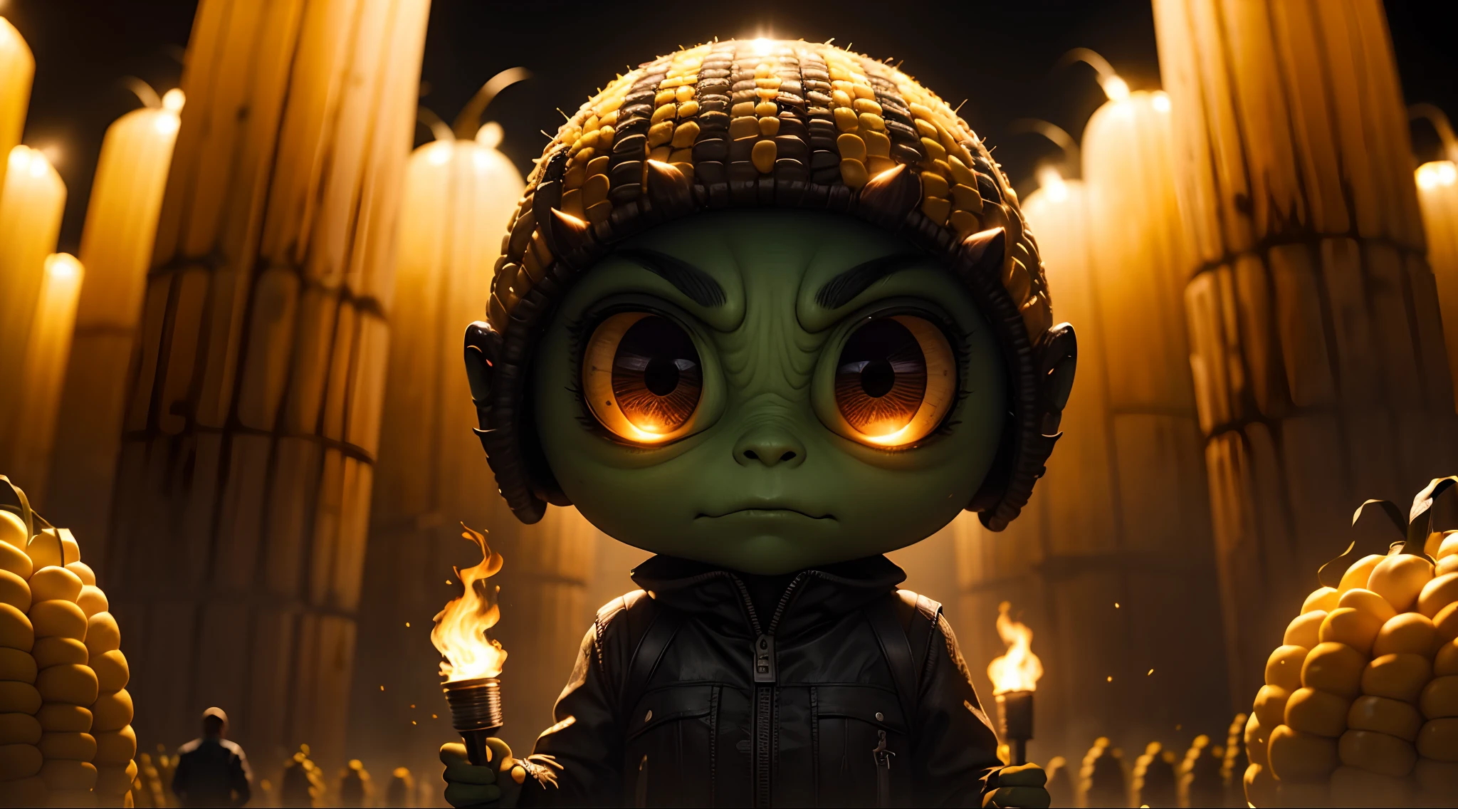 An alien with big eyes running from angry farmers with torches in hand, in the background a corn farm on a dark night, 35 mm lens, photography, ultra detail, HDR, UHD,8