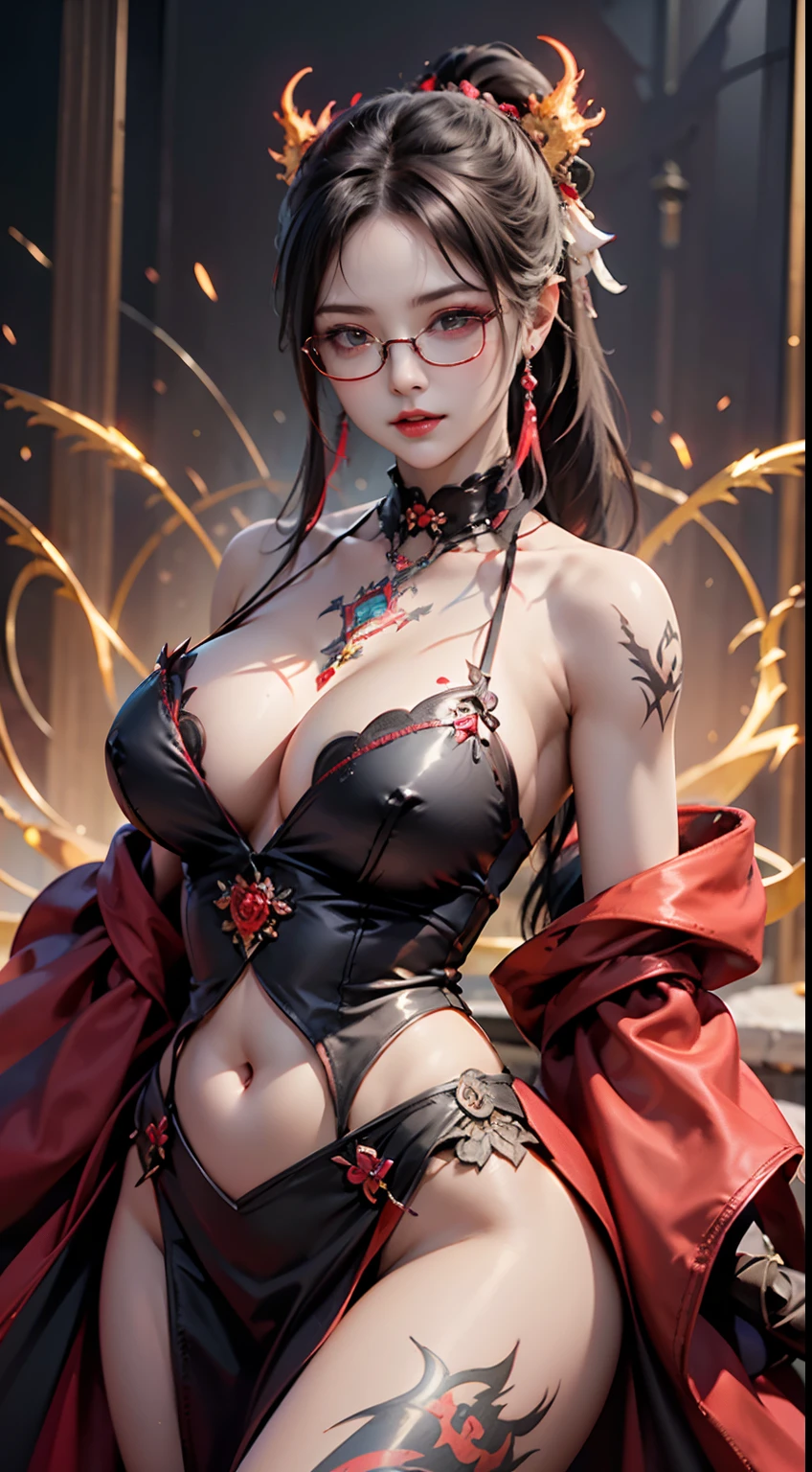 Fine、(The best illustrations)、8k UHD resolution、intricate-detail、top-quality、realisitic、ultra-detailliert、The best lighting、Best Shadows、Soft lighting、Ulutra HD、Ultra-realistic、Tindall Effect、Photorealsitic、(High Detail Skins:1.2)、 (Intricate details, makeup, pureerosface_v1:0.5), (Detailed beautiful delicate face, Detailed beautiful delicate eyes, A perfectly proportioned face, High detailed skin, Detailed skin, best ratio four finger and one thumb, arms below breasts, Tattoo with a red glow under the stomach、Awesome awesome, wide hips, smooth midriff, skiny and thin, __Fashion__, __hair__:1.25)、Digital SLR、 absurderes、1 beautiful devil woman from hell, surreal female portraits by David Hockney and Alphonse Mucha, Seductive Woman、Fantasy Art, Chinese Doll、Chinese actress、Dungeon、The dragon、Devil's Palace、Devil's Torture Chamber、natta、Dark style 、In the Dark、(Detailed spooky backgrounds:0.8), magia、 1人、Evil Nun、Dark Necromancer、Succubus、Devil's Daughter、Umi Shinonome、Bat Wings,(((Demon Horns)))、 ((((Huge glasses, Otaku Glasses, thick glasses, Round glasses)))),(((Colossal tits)))、(Devil's Tail)、(red eyes glowing:1.6)、red eyes make up very sharp and detailed, The eyes are very well made up, ((Red Eye:1.0)),intricate tattoos, demonic intricate tattoos, thigh tattoos, body tattoos, masterpiece、The most beautiful face、a baby face、Charming smile、plump beautiful red lips、Muscular seductive body、The enchanting body of the devil、devil style、Seductive Black Magic Costume、(((A shiny red snake is wrapped around her body)))、The long-haired、Braids、Black hair、Ponytail distortion、, Ponytail with a bow tied at the back of the hair, Beautiful expression、Body Up、Large breasts emphasis、Bust, Super tight breasts, Breast augmentation surgery, The breasts are very big and round and round,Toned waist、Wide buttocks、 lowkey, cowboy lens, (red phoenix dress: 1.0), devil crown, Red sparkling gemstone necklace、Jewelry Gwise, wearing black mesh socks,wearing a thin red and black robe, H