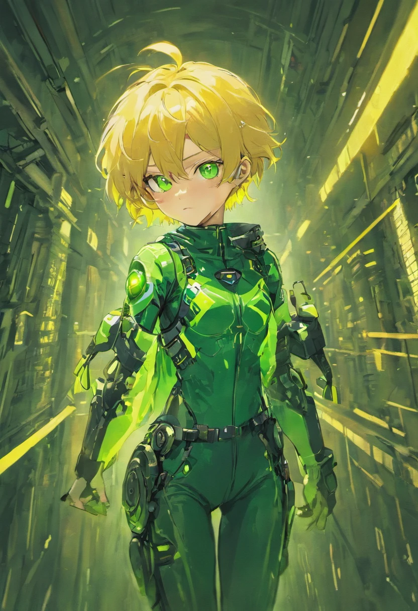 1guy, blonde hair, green eyes, yellow goggles, cyberpunk gantz suit,