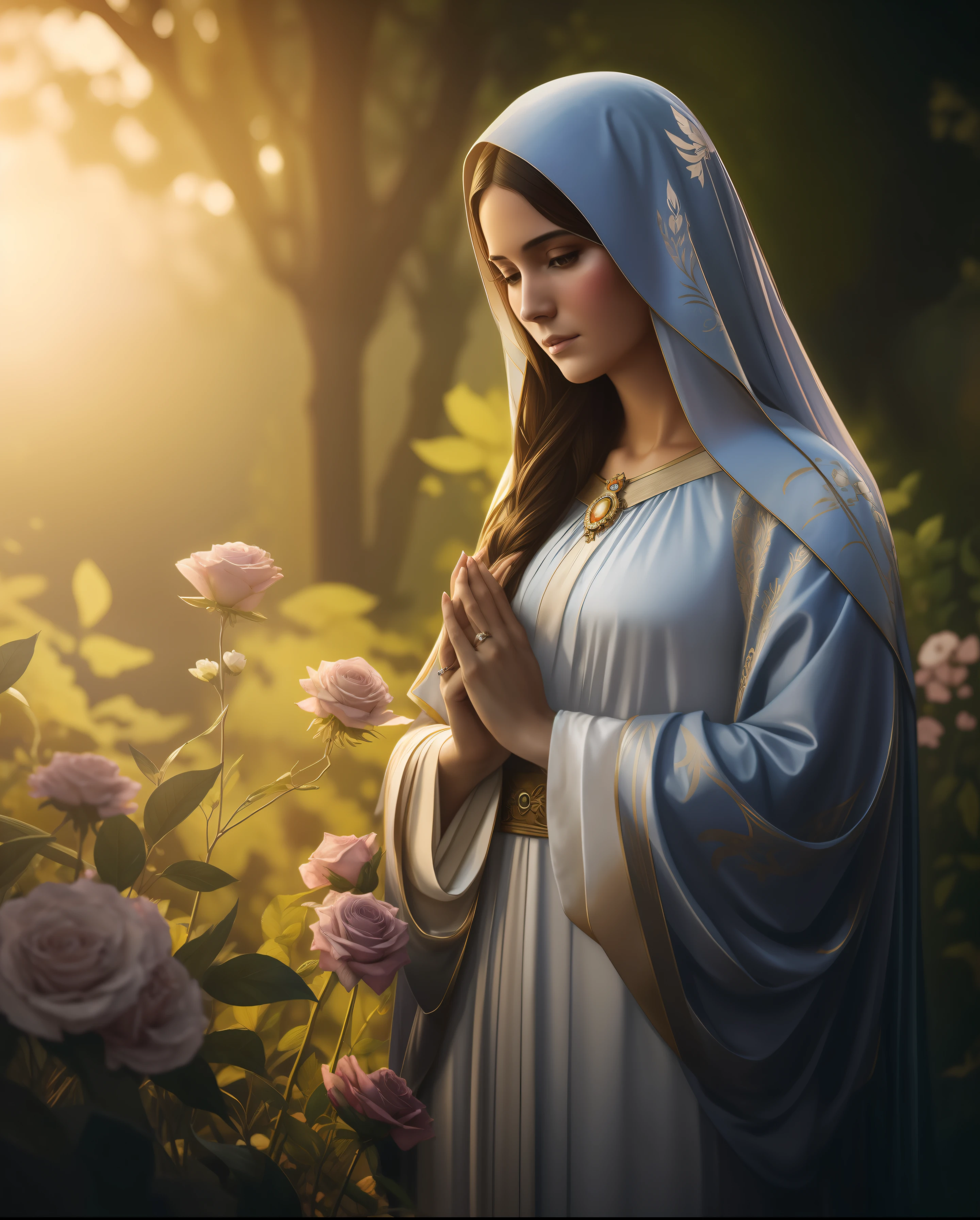 The Virgin Mary. MUJER CAUCASICA. 19 years old, DULCE Y LA INOCENTE MIRADA ANGELICAL, Alta calidad, obra maestra, rasgos faciales exquisitos, cabello exquisito, ojos exquisitos, cabello de color exquisito, calidad de imagen 4K, hermosa luz y sombra, efecto Tyndall, halo, cabello desordenado, estado joven, escena hermosa, ropa exquisita, cadenas, plumas, belleza antigua con ojos grandes muy detallados, pintura digital, artstation, arte conceptual, foco nítido, illustration, arte de greg rutkowski y alphonse mucha y victo ngai