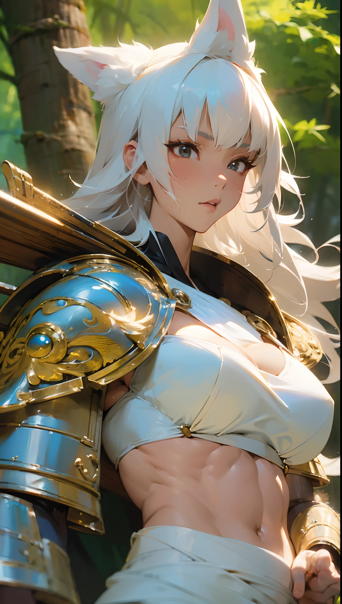 beautiful foxgirl, fluffy ears, Bangs, white hair, beautiful face, perfect anatomy, ABS, bikini in intricate silver armor, Forest, Anime style, cgsociety, dramatic, cinematic lighting, fine expression, fine detail, a digital fantasy painting by Yusuke Murata.