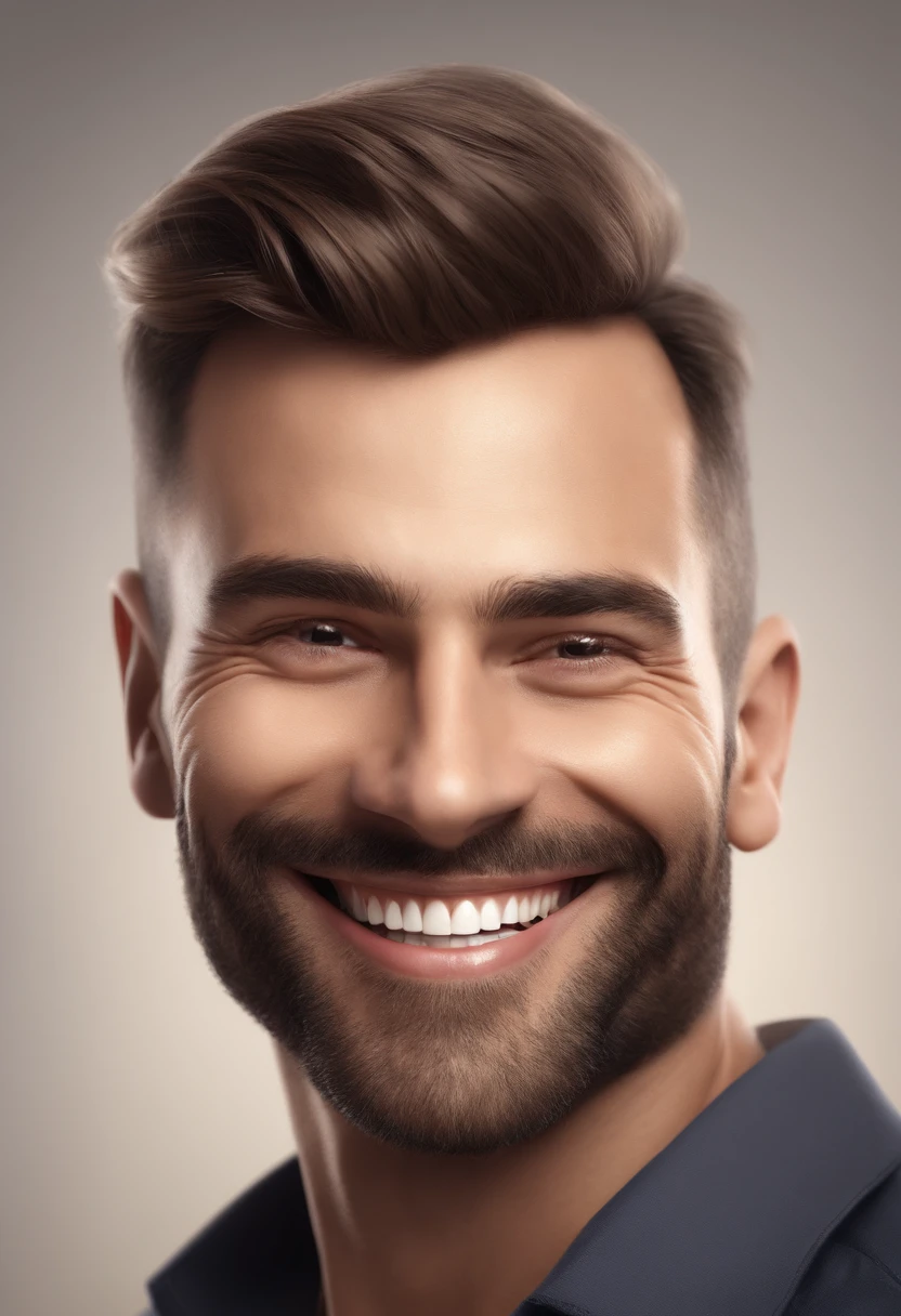 Smiling Man Illustration, without beard, very short hair, sorriso insano, Homem de pele marrom com um sorriso gigante, sem barba, cara de parvo happily smiling at the camera, sorriso atrevido e parvo, he's smiling, sorriso muito grande, Macho sorridente, foto de perfil headshot, rindo sorriso enorme, desenhando no estilo de Arte 3D, c4d, fundo de cor branco puro, estilo disney, Super Detalhe, 8k