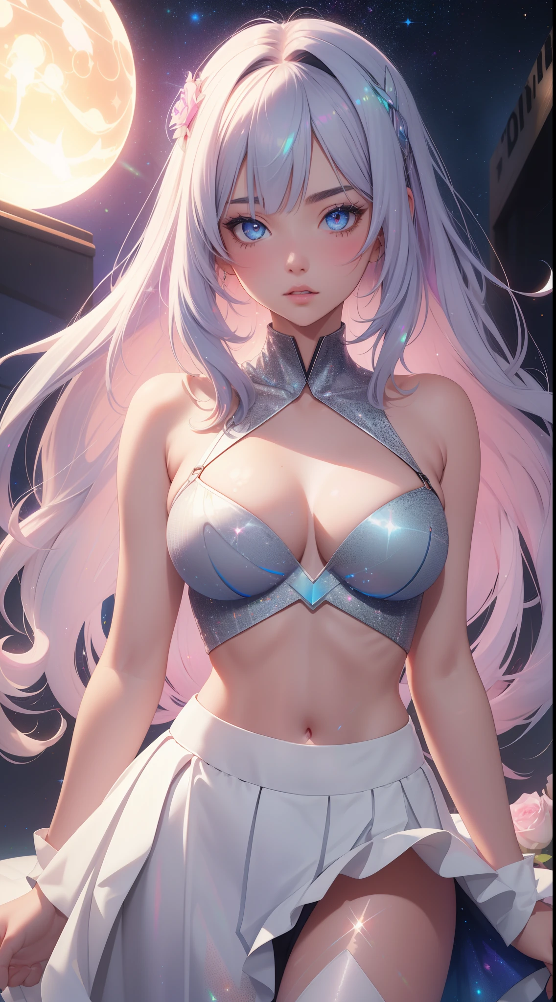 realistic, 1girl, holographic hair, heterochromic eyes, glowing eyes, holo crop top, holo skirt, parted lips, blush, night, white roses, pastels, glitter, sleeveless, cleavage