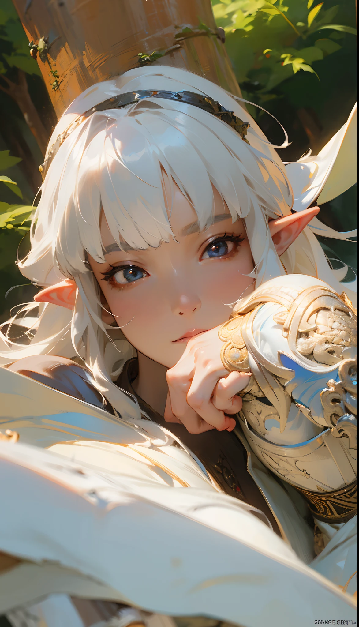 a beautiful elf woman, Bangs, white hair, detailed eyes, beautiful, hyperdetailed face, realistic shadows, best quality, masterpiece, perfect anatomy, White Cloak, ABS, bikini, intricate silver armor, Forest, Anime style, cgsociety, dramatic, cinematic lighting, fine expression, fine detail, a digital painting by Yusuke Murata, very intricate and hyper-detailed oil painting by daniel f gerhartz