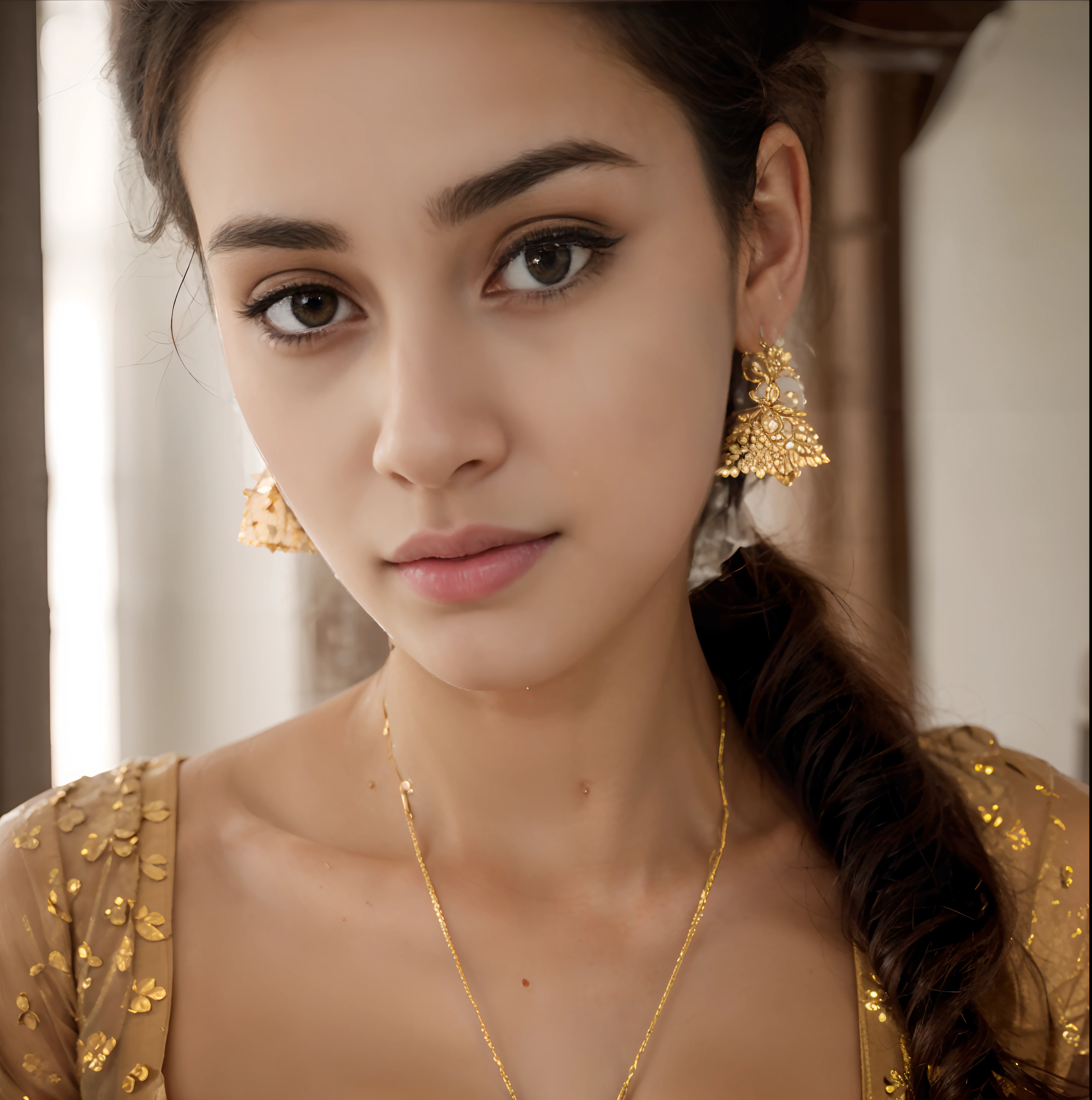 Best quality, masterpiece, ultra high res, (photorealistic:1.4), raw photo, 1girl , highly detailed, detailed face, facial-symmetry, in the dark, deep shadow, low key, cold light, wearing a transparent pink saree but without blouse and only wearing black bra, medium boobs, are clearly visible,in kitchen,wet clothes