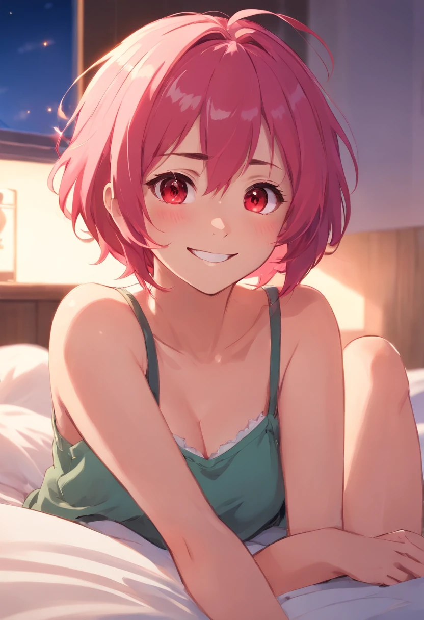 Anime girl smiling, pink hair, messy hair short hair, red eyes, cute face, girlfriend look, sit on the bed, looking at audience, sensual pose, J-cup