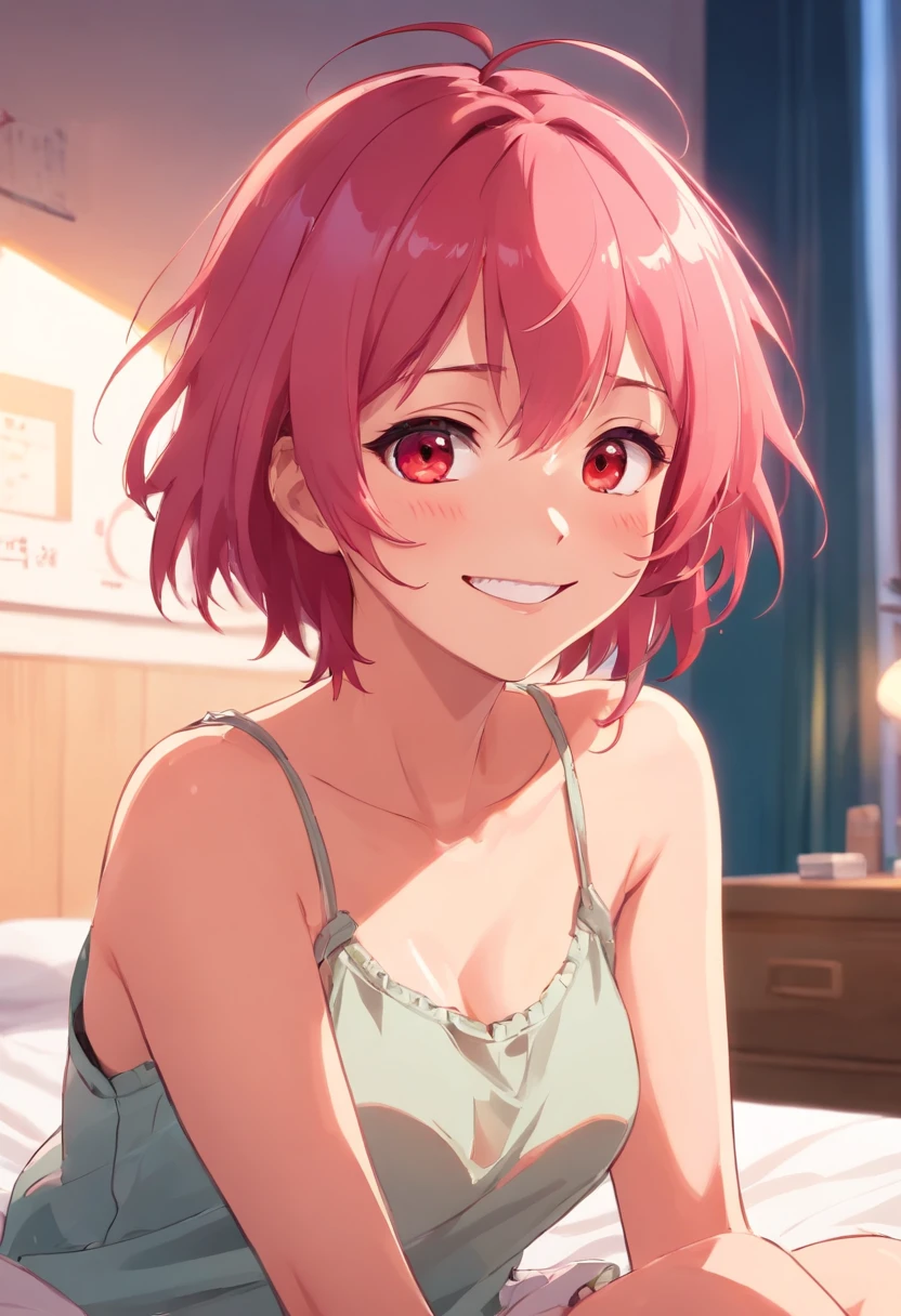 Anime girl smiling, pink hair, messy hair short hair, red eyes, cute face, girlfriend look, mature, latex, sit on the bed, looking at audience, sensual pose, J-cup, touching herself
