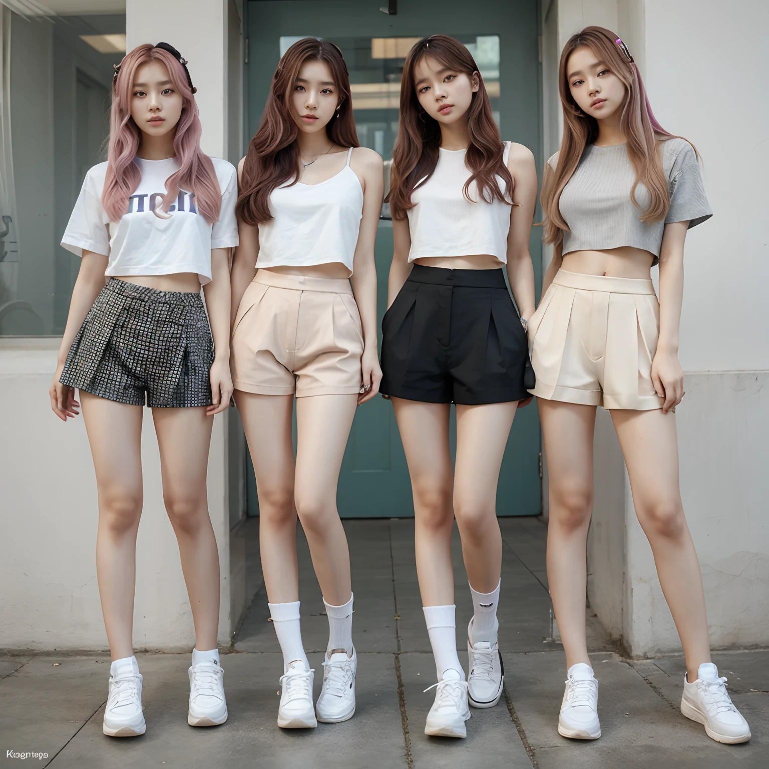 kpop, 4 young women, korean, posing, photoshoot, different hair colours, different hairstyles, wearing clothes, skirts, shorts