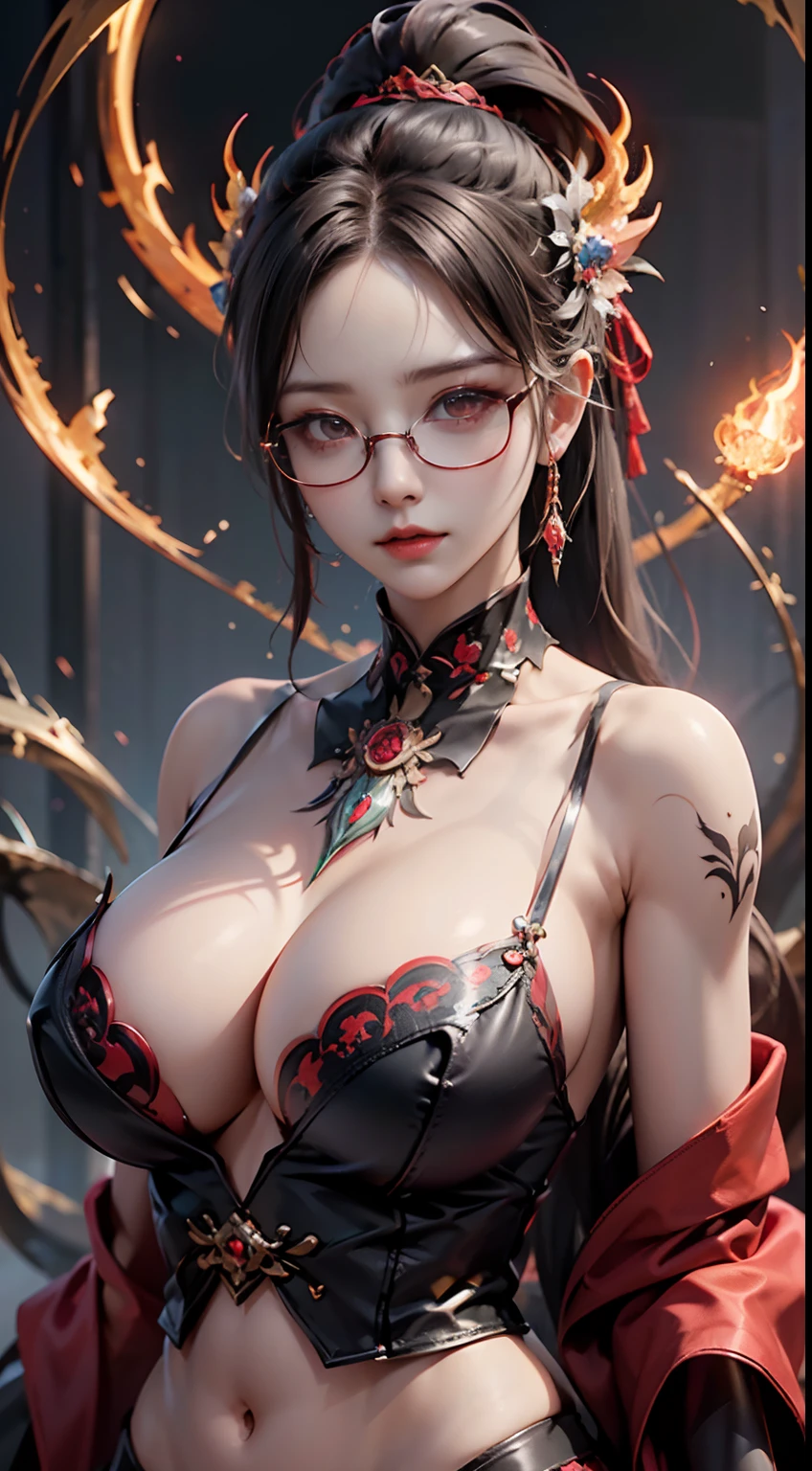 Fine、(The best illustrations)、8k UHD resolution、intricate-detail、top-quality、realisitic、ultra-detailliert、The best lighting、Best Shadows、Soft lighting、Ulutra HD、Ultra-realistic、Tindall Effect、Photorealsitic、(High Detail Skins:1.2)、 (Intricate details, makeup, pureerosface_v1:0.5), (Detailed beautiful delicate face, Detailed beautiful delicate eyes, A perfectly proportioned face, High detailed skin, Detailed skin, best ratio four finger and one thumb, arms below breasts, Tattoo with a red glow under the stomach、Awesome awesome, wide hips, smooth midriff, skiny and thin, __Fashion__, __hair__:1.25)、Digital SLR、 absurderes、1 beautiful devil woman from hell, surreal female portraits by David Hockney and Alphonse Mucha, Seductive Woman、Fantasy Art, Chinese Doll、Chinese actress、Dungeon、The dragon、Devil's Palace、Devil's Torture Chamber、natta、Dark style 、In the Dark、(Detailed spooky backgrounds:0.8), magia、 1人、Evil Nun、Dark Necromancer、Succubus、Devil's Daughter、Umi Shinonome、Bat Wings,(((Demon Horns)))、 ((((Huge glasses, Otaku Glasses, thick glasses, Round glasses)))),(((Colossal tits)))、(Devil's Tail)、(red eyes glowing:1.6)、red eyes make up very sharp and detailed, The eyes are very well made up, ((Red Eye:1.0)),intricate tattoos, demonic intricate tattoos, thigh tattoos, body tattoos, masterpiece、The most beautiful face、a baby face、Charming smile、plump beautiful red lips、Muscular seductive body、The enchanting body of the devil、devil style、Seductive Black Magic Costume、(((A shiny red snake is wrapped around her body)))、The long-haired、Braids、Black hair、Ponytail distortion、, Ponytail with a bow tied at the back of the hair, Beautiful expression、Body Up、Large breasts emphasis、Bust, Super tight breasts, Breast augmentation surgery, The breasts are very big and round and round,Toned waist、Wide buttocks、 lowkey, cowboy lens, (red phoenix dress: 1.0), devil crown, Red sparkling gemstone necklace、Jewelry Gwise, wearing black mesh socks,wearing a thin red and black robe, H