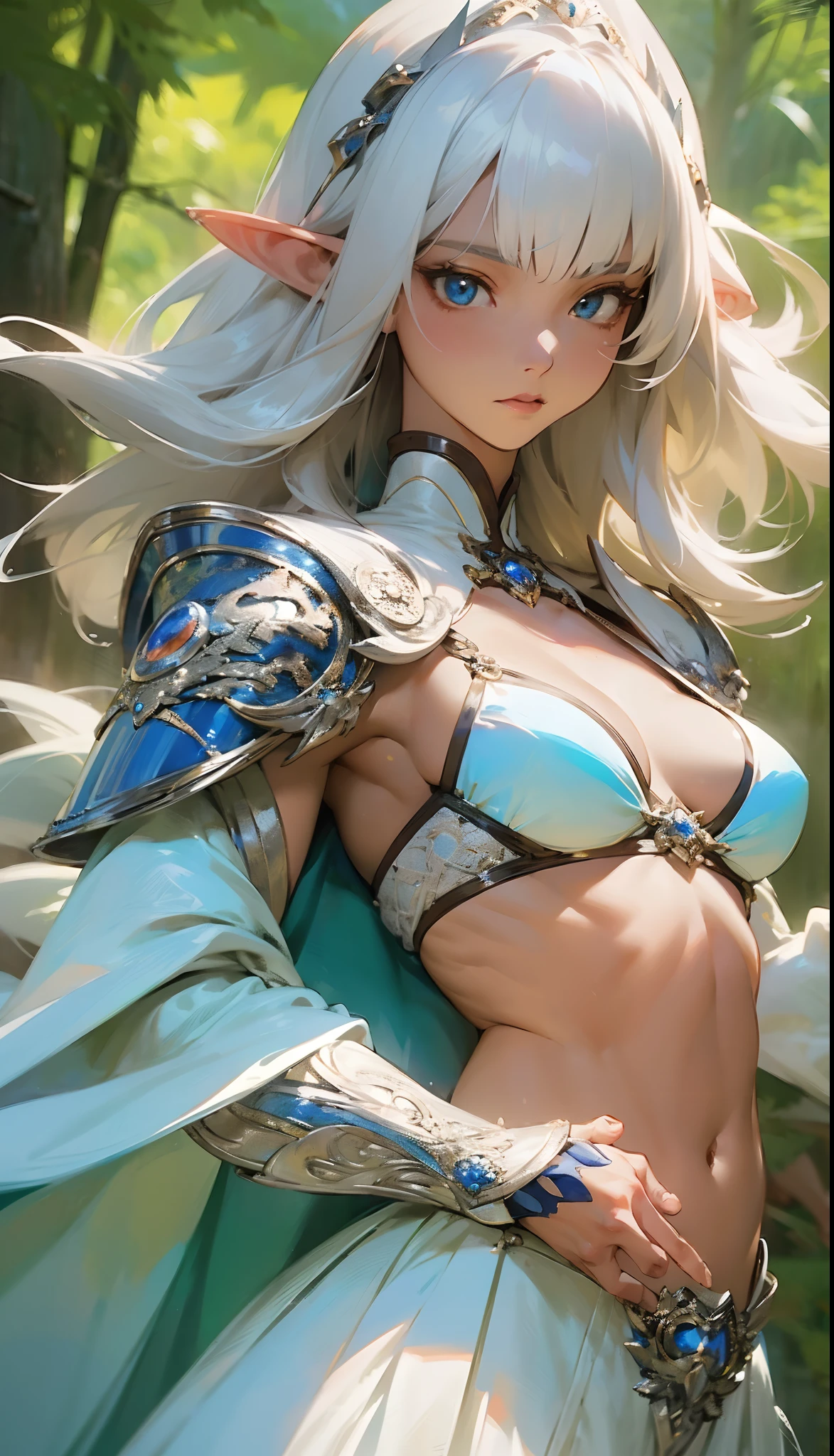 a beautiful elf woman, Bangs, white hair, Perfect face and eye, perfect anatomy, White Cloak, ABS, bikini in intricate silver armor, Forest, Anime style, cgsociety, dramatic, cinematic lighting, fine expression, fine detail, a digital painting by Yusuke Murata, very intricate and hyper-detailed oil painting by daniel f gerhartz