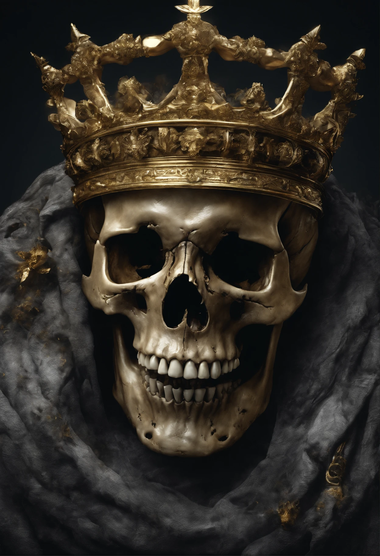 Skull with golden crown on its head and crumbling jaw only takes up 30% of screen black BACKROUND