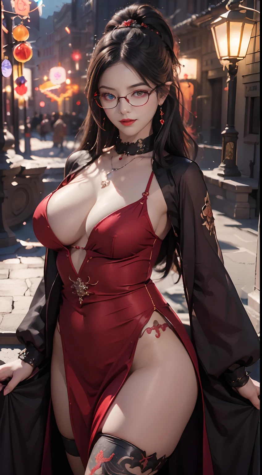 Fine、(The best illustrations)、8k UHD resolution、intricate-detail、top-quality、realisitic、ultra-detailliert、The best lighting、Best Shadows、Soft lighting、Ulutra HD、Ultra-realistic、Tindall Effect、Photorealsitic、(High Detail Skins:1.2)、 (Intricate details, makeup, pureerosface_v1:0.5), (Detailed beautiful delicate face, Detailed beautiful delicate eyes, A perfectly proportioned face, High detailed skin, Detailed skin, best ratio four finger and one thumb, arms below breasts, Tattoo with a red glow under the stomach、Awesome awesome, wide hips, smooth midriff, skiny and thin, __Fashion__, __hair__:1.25)、Digital SLR、 absurderes、1 beautiful devil woman from hell, surreal female portraits by David Hockney and Alphonse Mucha, Portrait of a seductive woman、Fantasy Art, Chinese Doll、Chinese actress、Dungeon、The dragon、Devil's Palace、Devil's Torture Chamber、natta、Dark style 、In the Dark、(Detailed spooky backgrounds:0.8), magia、 1人、Evil Nun、Dark Necromancer、Succubus、Devil's Daughter、Umi Shinonome、Bat Wings,(((Demon Horns)))、 ((((Huge glasses, Otaku Glasses, thick glasses, Round glasses)))),(((Colossal tits)))、(Devil's Tail)、(red eyes glowing:1.6)、red eyes make up very sharp and detailed, The eyes are very well made up, ((Red Eye:1.0)),intricate tattoos, demonic intricate tattoos, thigh tattoos, body tattoos, masterpiece、The most beautiful face、a baby face、Charming smile、plump beautiful red lips、Muscular seductive body、The enchanting body of the devil、devil style、Seductive Black Magic Costume、(((A shiny red snake is wrapped around her body)))、The long-haired、Braids、Black hair、Ponytail distortion、, Ponytail with a bow tied at the back of the hair, Beautiful expression、Body Up、Large breasts emphasis、Bust, Super tight breasts, Breast augmentation surgery, The breasts are very big and round and round,Toned waist、Wide buttocks、 lowkey, cowboy lens, (red phoenix dress: 1.0), devil crown, Red sparkling gemstone necklace、Jewelry Gwise, wearing black mesh socks,wearing a thin red and