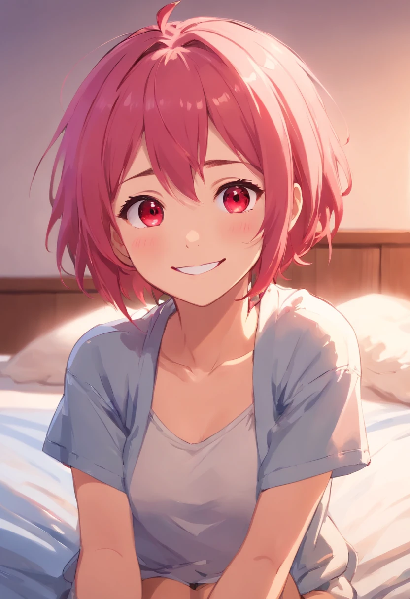 Anime girl smiling, pink hair, messy hair short hair, red eyes, cute face, girlfriend look, sit on the bed, looking at audience sensual, F-cup